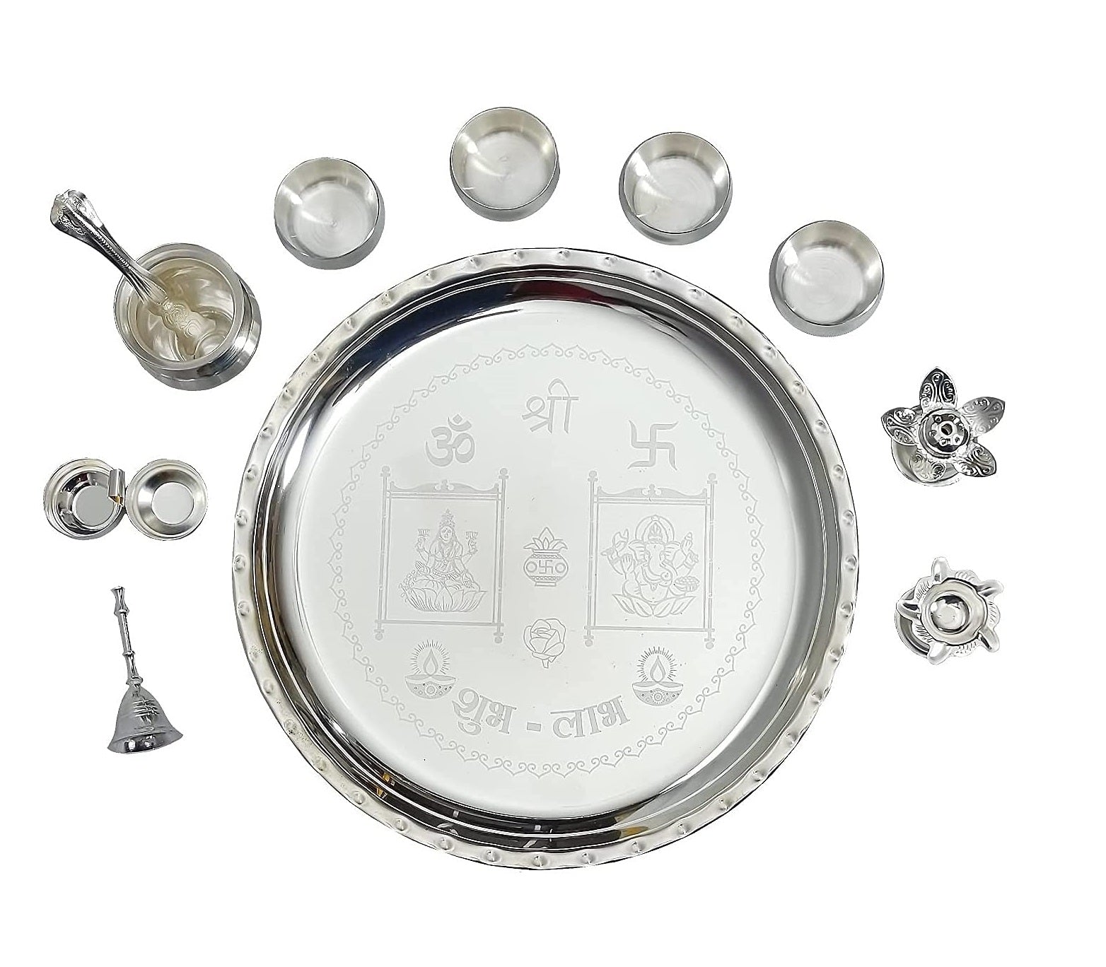 Bengalen Premium Silver Plated Pooja thali Set 12 Inch Festival Ethnic Puja Thali for Diwali, Home, Temple, Office, Wedding Gift