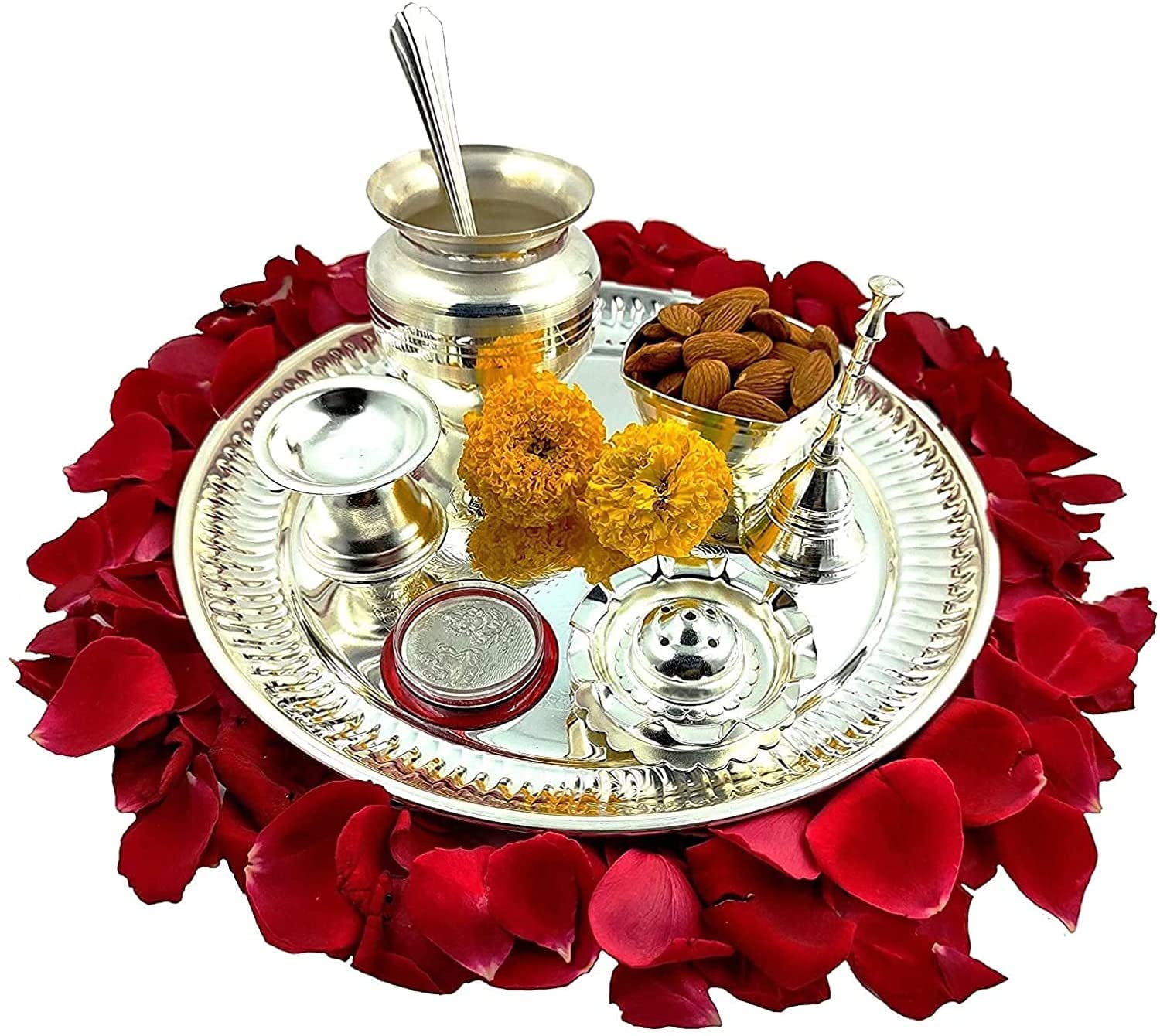 Bengalen Ganesh Lakshmi Design Silver Plated Premium Pooja Thali Set 8 Inch with Coin and Accessories for Festival Ethnic Puja Thali Gift Items