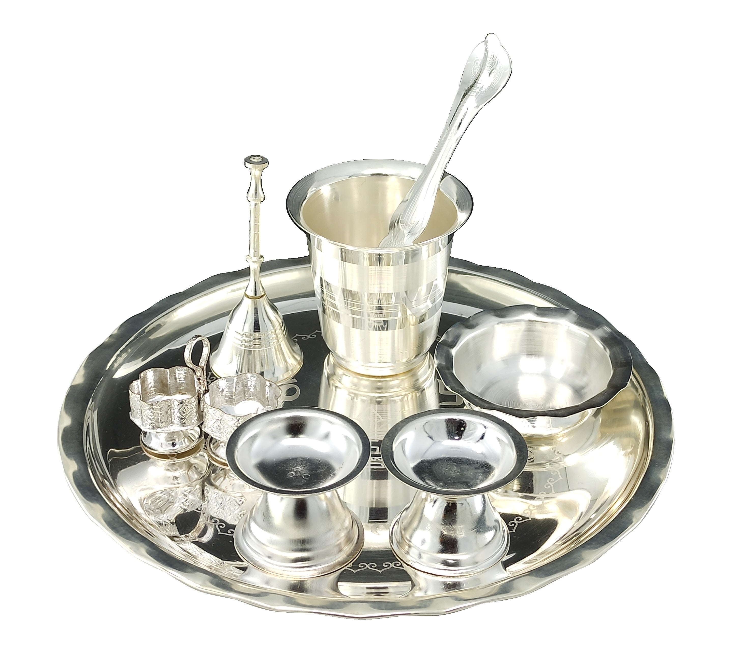 Bengalen Silver Plated Pooja thali Set 8 Inch with Plate Ghanti Bowl Palli Round Diya Kumkum Holder Puja Thali for Home Mandir Office Wedding Return Diwali Gift Items