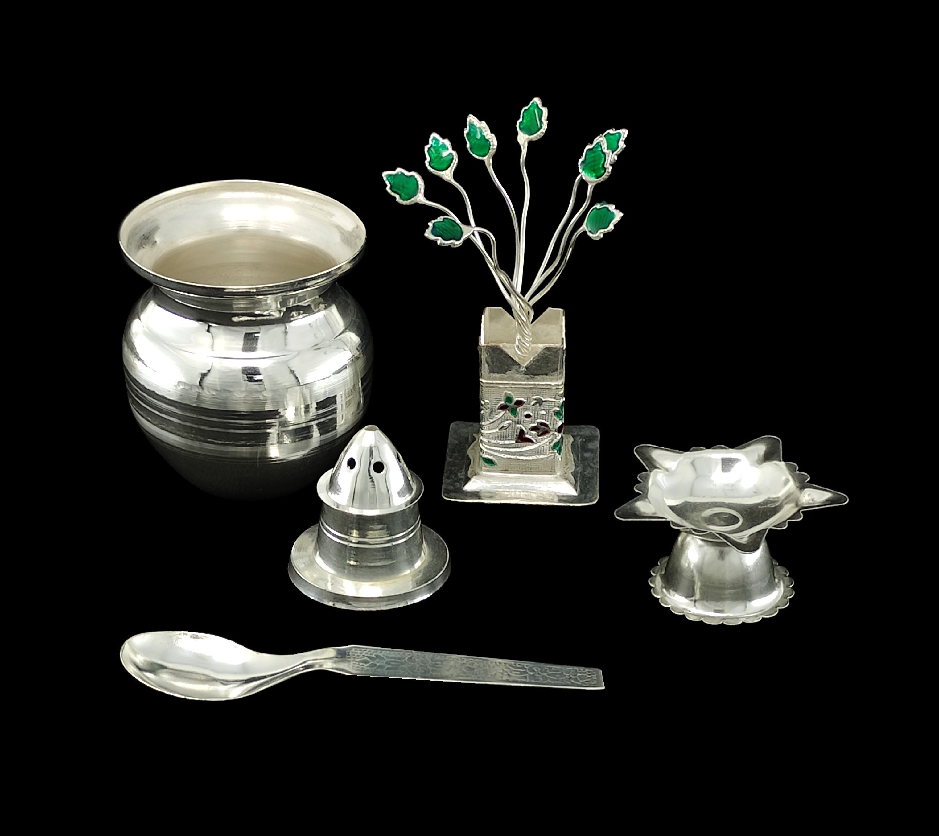 BENGALEN Silver Plated Pooja Thali Set 5 Inch Plate Agarbatti Stand Kalash Spoon Diya Tulsi Idol Premium Puja Decorative for Home Office Wedding Return Gift Items
