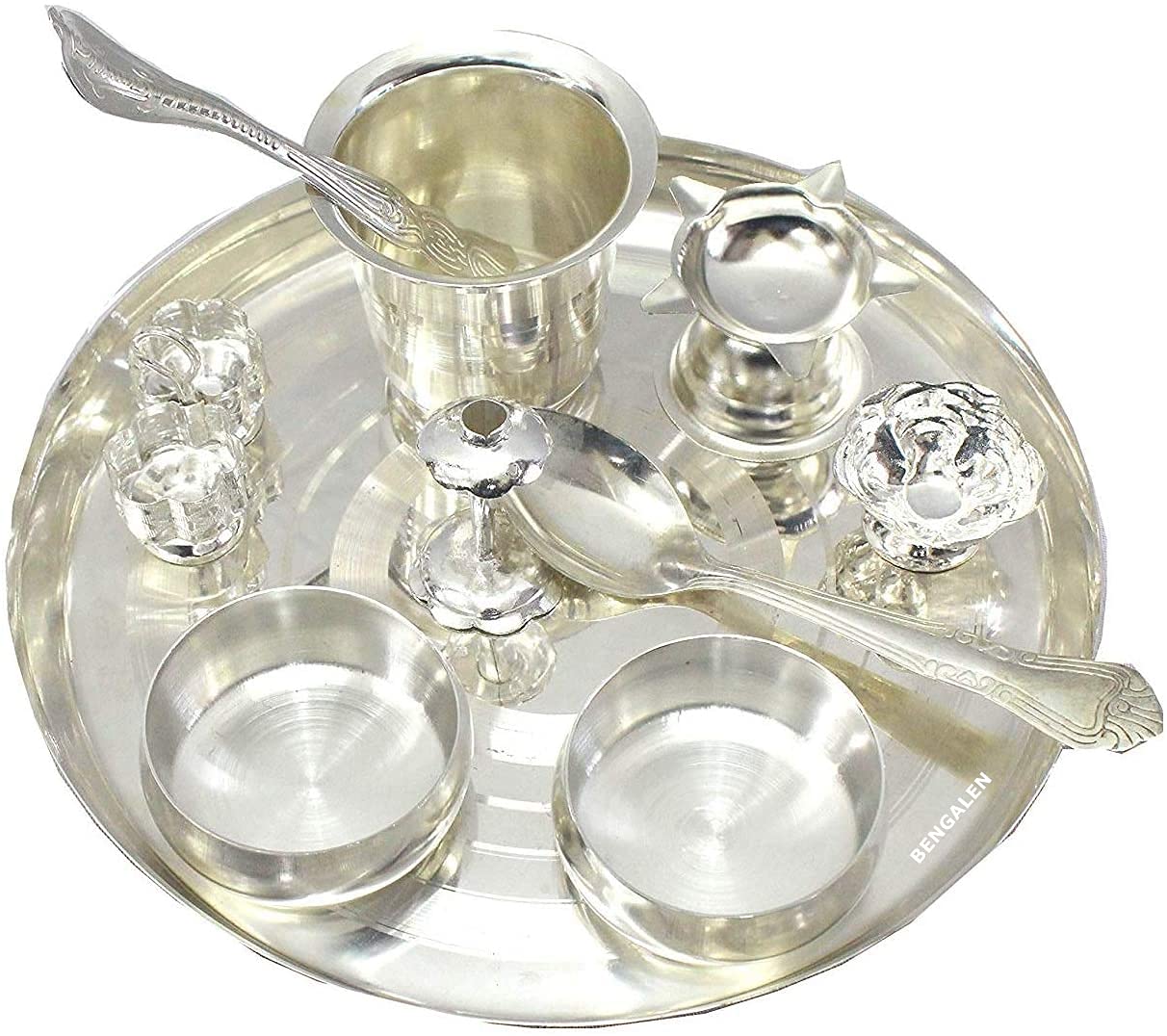 Bengalen Silver Plated Pooja thali Set 8 Inch Festival Ethnic Puja Thali Gift for Diwali, Home, Temple, Office, Wedding Gift