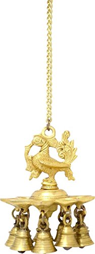Bengalen Premium Peacock Design Brass Hanging Diya Set with Bells Yellow Antique