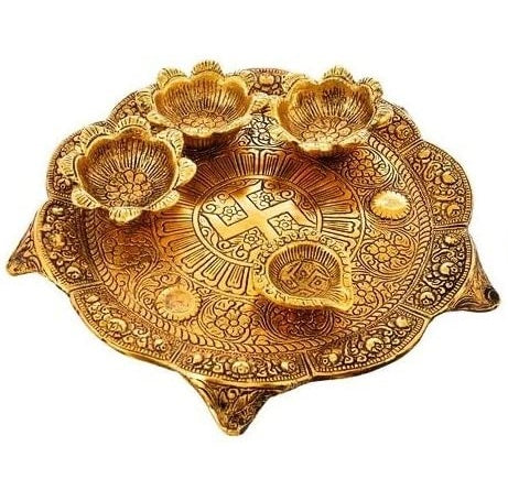 Bengalen Metal Pooja thali Set 8 Inch for Festival Ethnic Puja Thali for Diwali, Home, Temple, Office, Wedding Return Gift Items