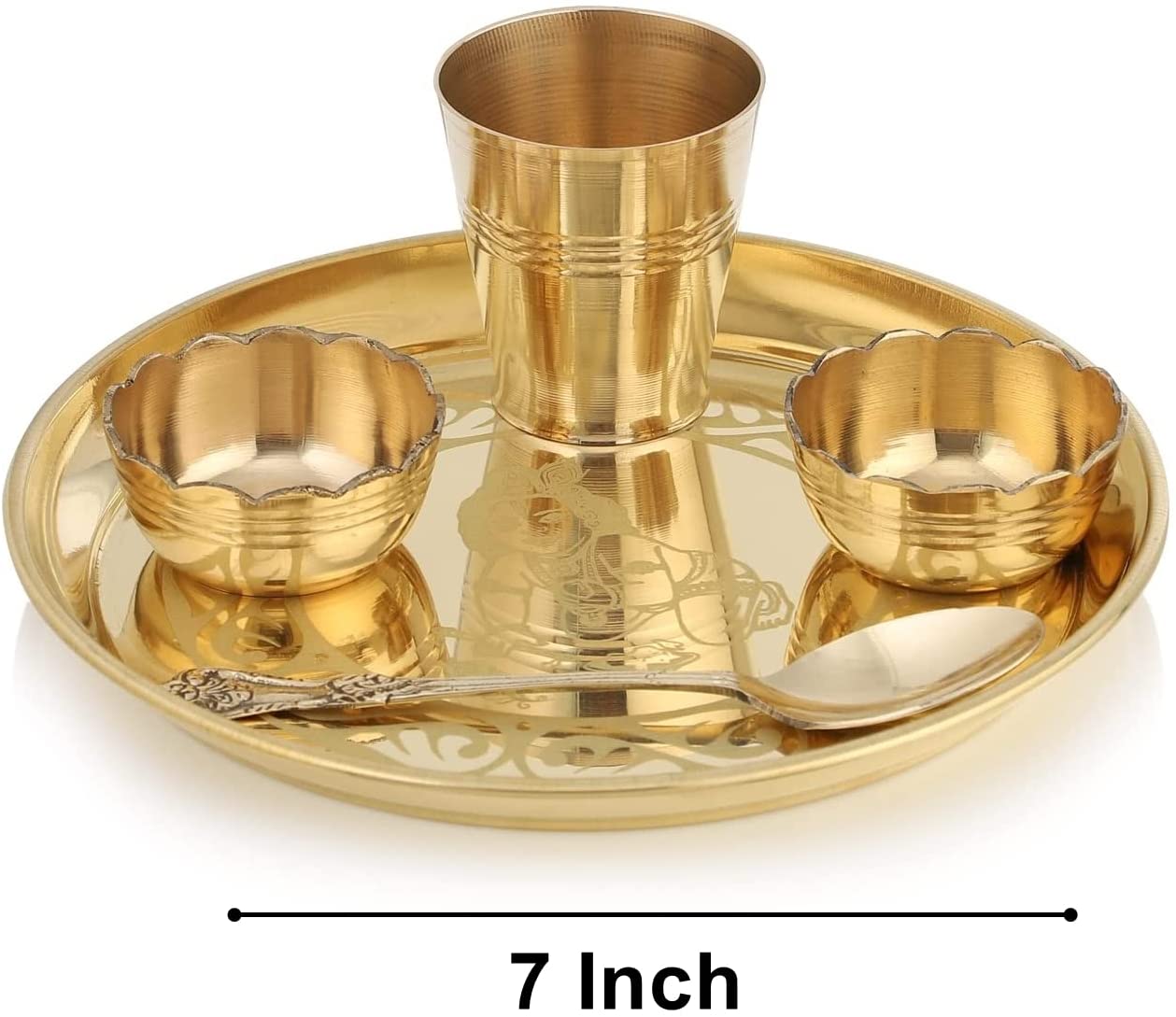 Bengalen Brass Pooja Bhog thali Set 7 Inch With Red Velvet Gift Box Festival Kanha Krishna Thali Puja Set for Diwali Home Office Mandir Wedding Return Gift Items