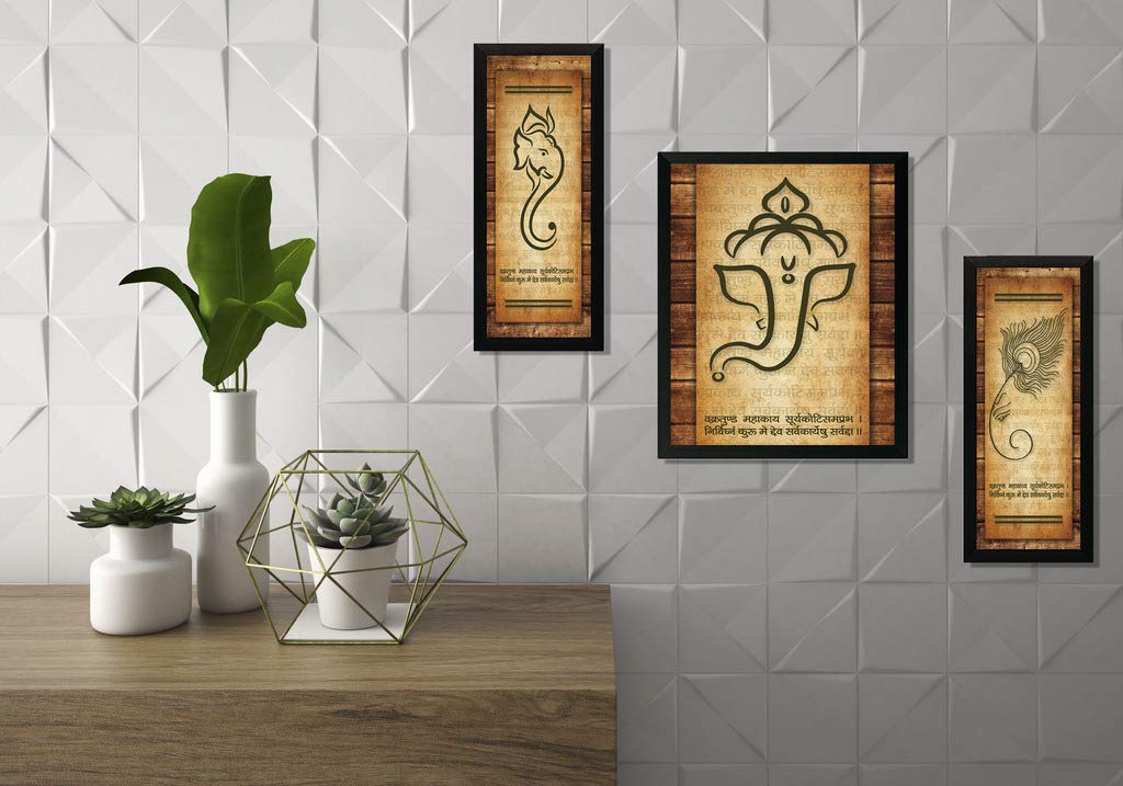 Nobility Ganesha Digital Reprint UV Textured Painting - Synthetic Wall Art - Size: 35 cm x 50 cm, Set of 3
