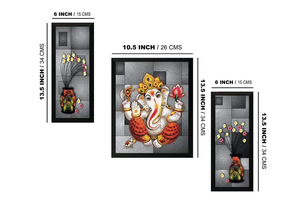Nobility Ganesha Framed Painting Wall Art Statue Set of 03