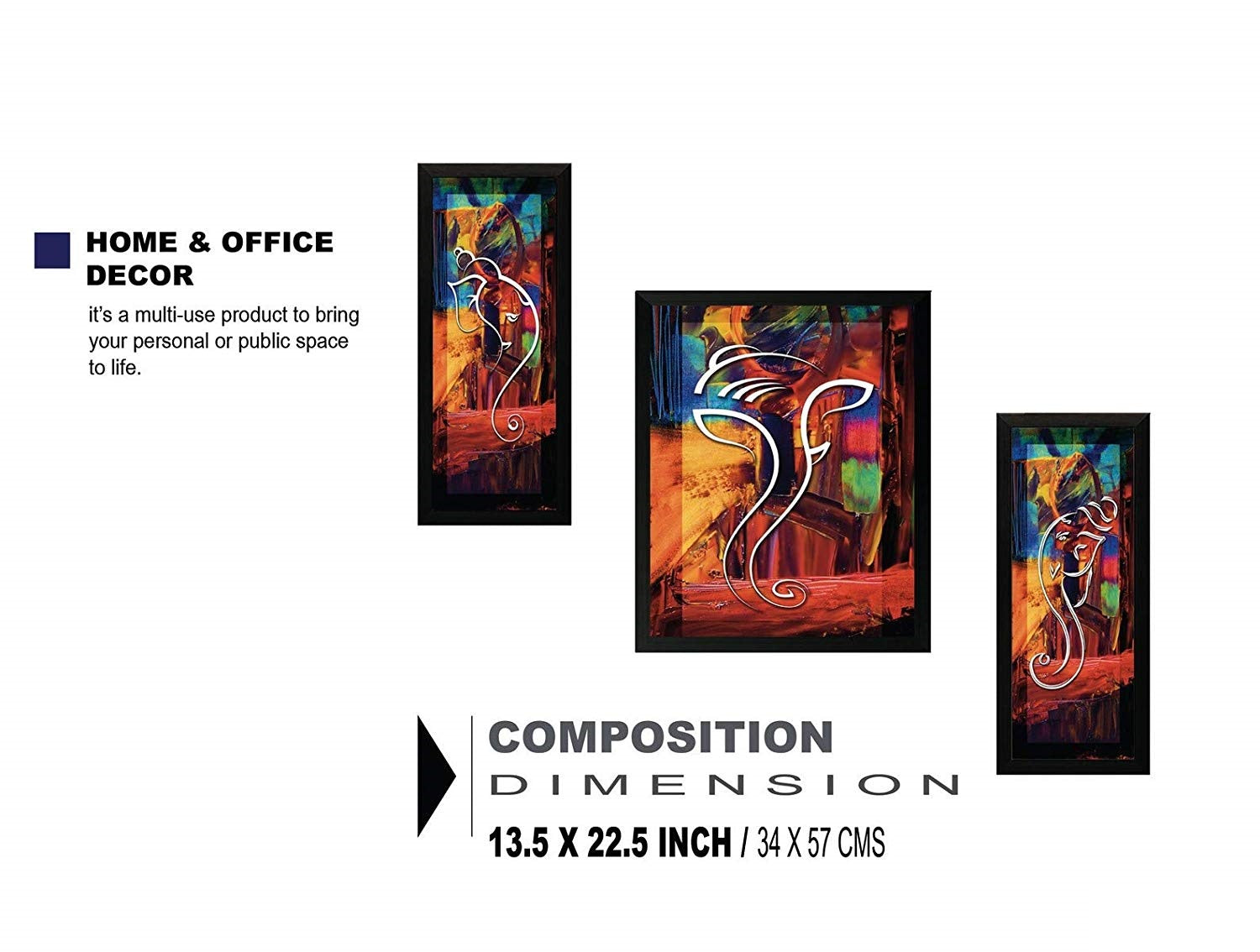 Nobility Ganesha Framed Painting - Exclusive Wall Art Statue - Set of 03