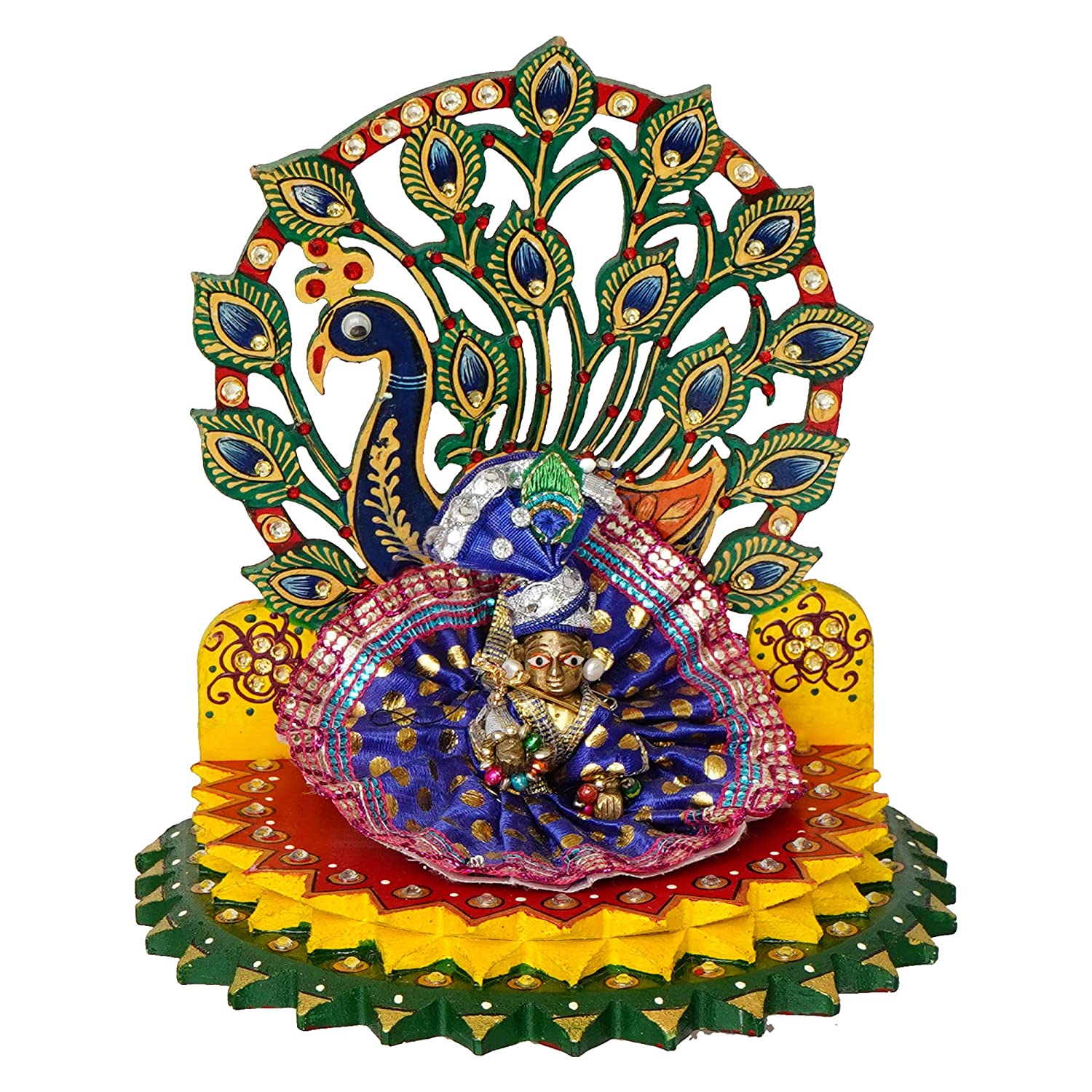 Bengalen Wooden Peacock Shape Laddu Gopal Singhasan for God Idols & Gifts Mandir Decoration Item God Sihasan Home and Office (8 x 6 x 8.5 cm)