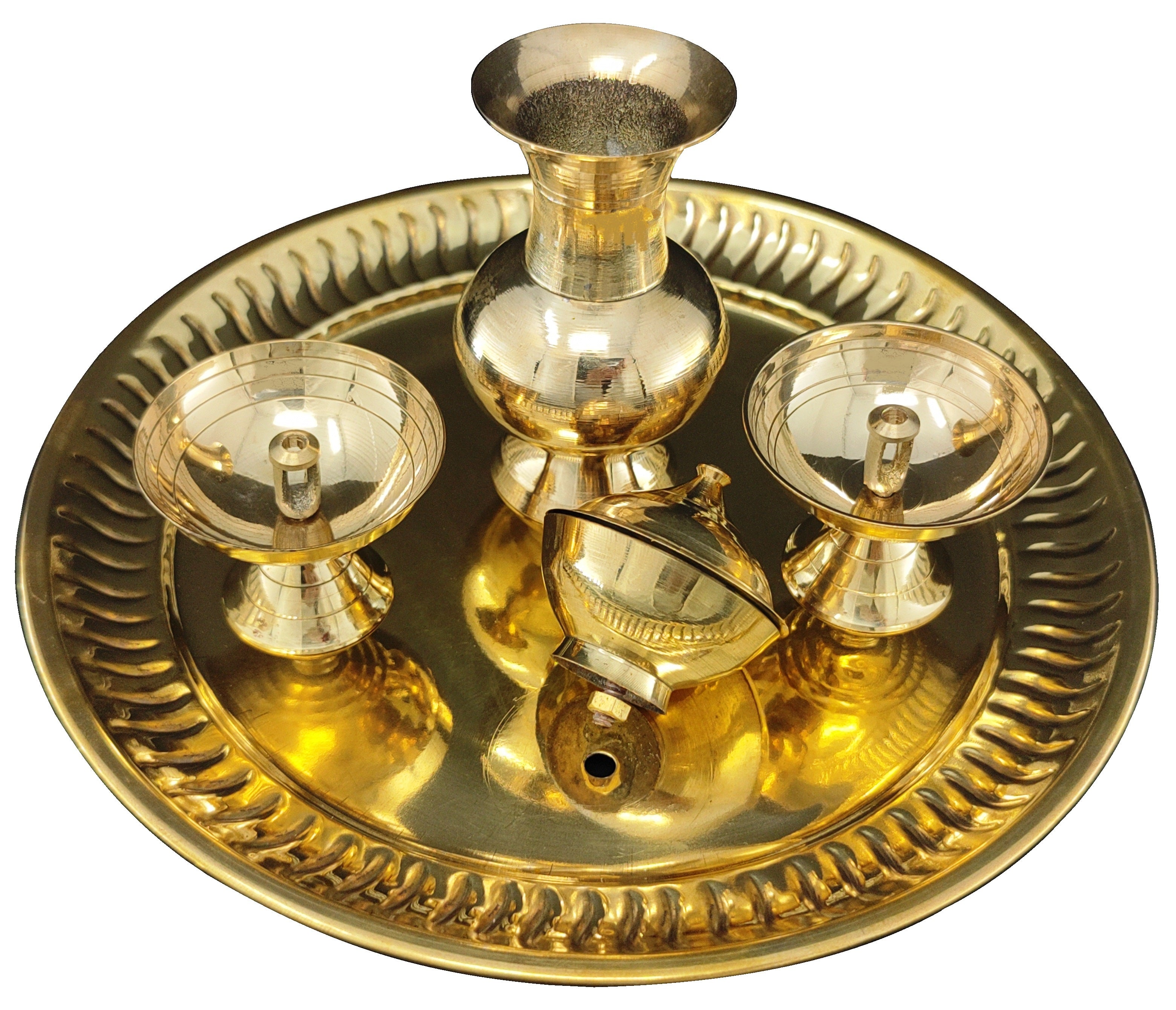 Bengalen Brass Pooja thali 8 Inch with Kalash Diya and other Accessories Festival Daily Puja Thali Set