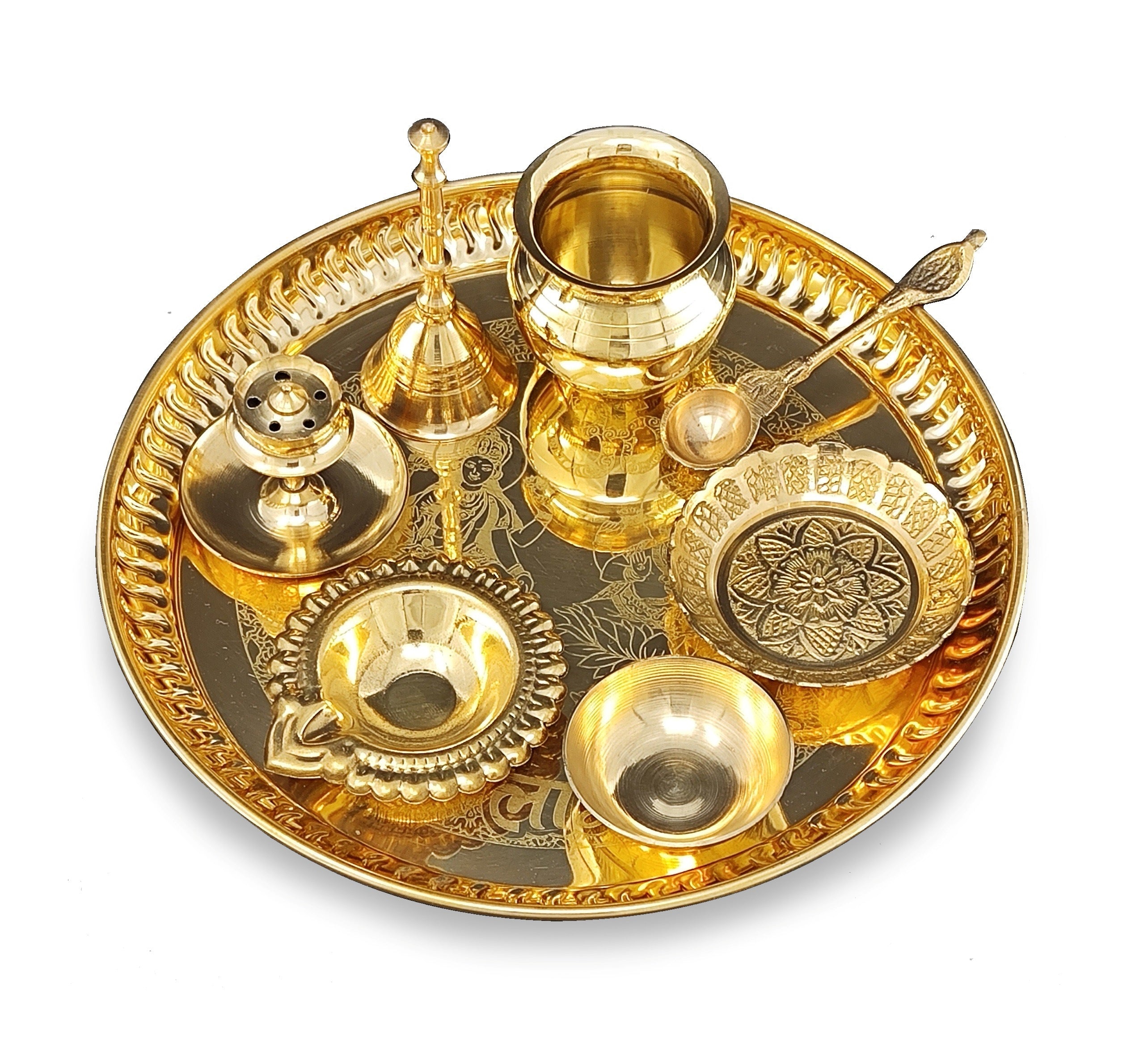 BENGALEN Brass Pooja Thali Set 8 Inch Puja Items with Pital Plate Kalash Palli Kangura Plate Chandan Vati Diya Dhup Dan Ghanti Arti Thali for Diwali Home Office Mandir Wedding Return Gift Items