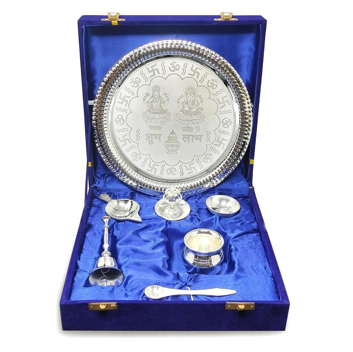 BENGALEN Pooja Thali Set Silver Plated with Gift Box 22 cm Designed Puja Plate Kalash Bowl Ghanti Spoon Dhup Dan Diya for Home Office Diwali Wedding Return Gift Items