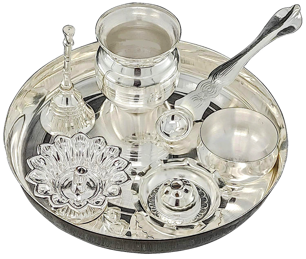 Silver Plated Pooja thali Set 7 Inch Festival Ethnic Puja Thali Items for Diwali Daily Home Mandir Office Wedding Return Gift