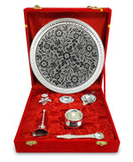 BENGALEN Pooja Thali Set Silver Plated with Red Gift Box Designed 8 Inch Puja Plate Kalash Bowl Ghanti Spoon Dhup Dan Diya for Home Office Diwali Wedding Return Gift Items