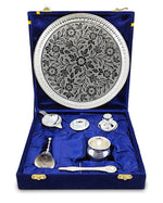 BENGALEN Pooja Thali Set Silver Plated with Blue Gift Box Designed 8 Inch Puja Plate Kalash Bowl Ghanti Spoon Dhup Dan Diya for Home Office Diwali Wedding Return Gift Items