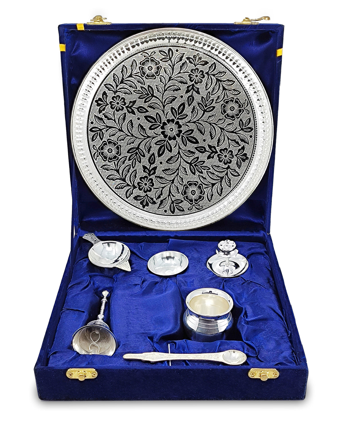 BENGALEN Pooja Thali Set Silver Plated with Blue Gift Box Designed 8 Inch Puja Plate Kalash Bowl Ghanti Spoon Dhup Dan Diya for Home Office Diwali Wedding Return Gift Items