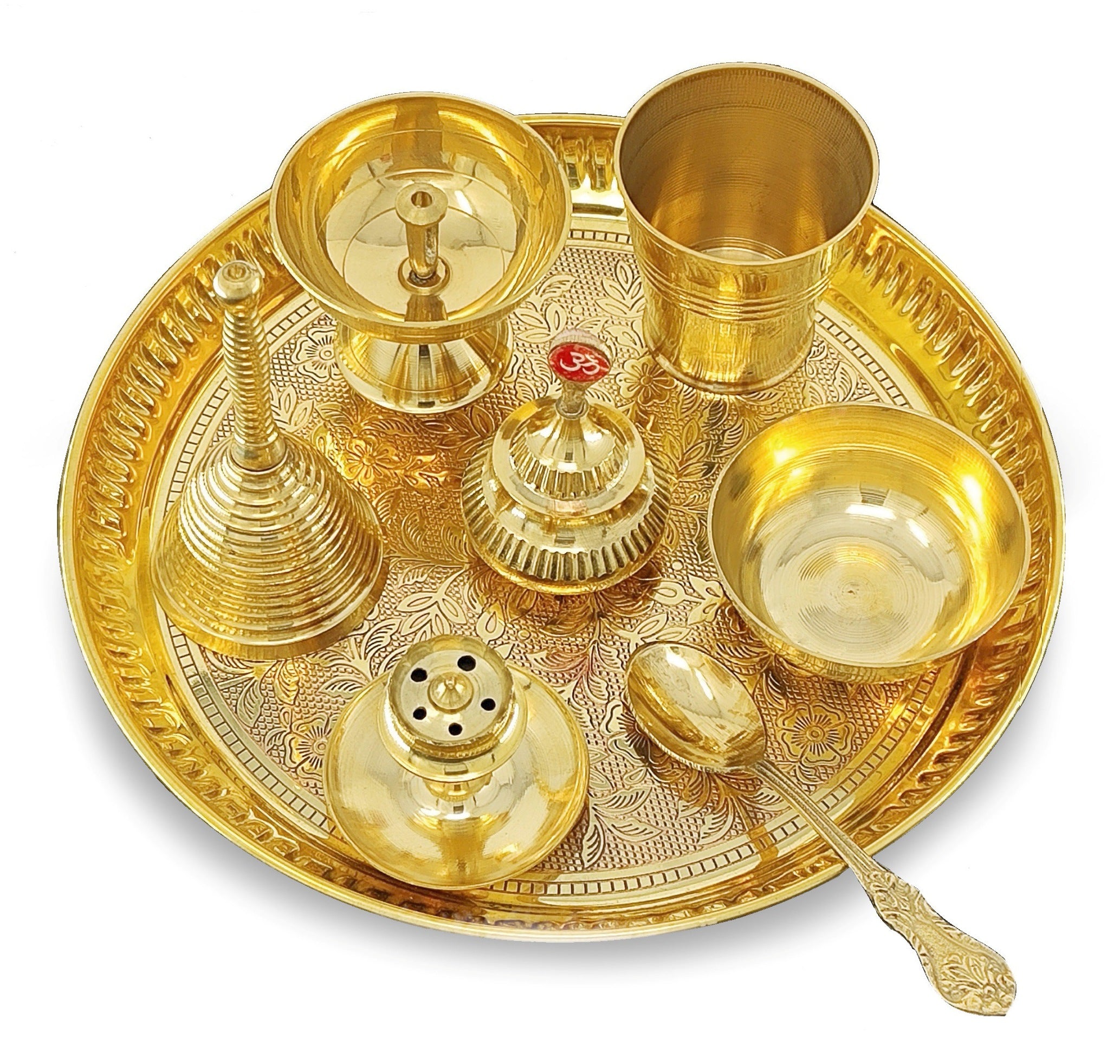 BENGALEN Brass Pooja Thali Set 8 Inch Puja Thali with Pital Plate Glass Bowl Piyali Diya Dhup Dan Sindoor Dibbi Ghanti Spoon Arti Thali for Diwali Home Office Mandir Wedding Return Gift Items