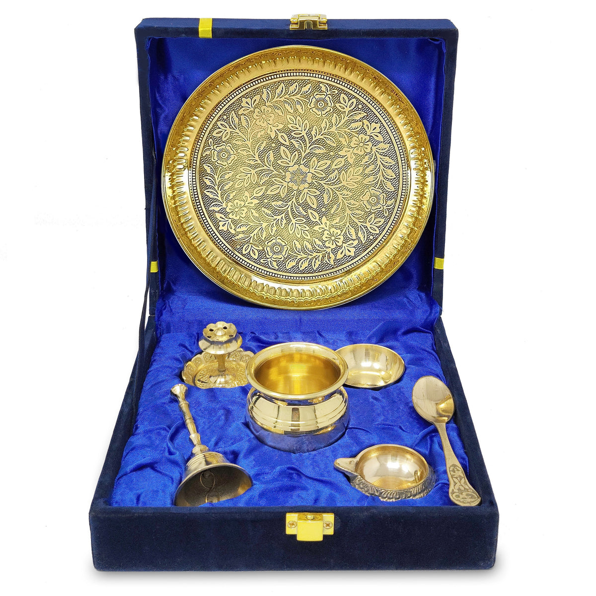 BENGALEN Brass Puja Thali Set with Blue Gift Box 6 Inch