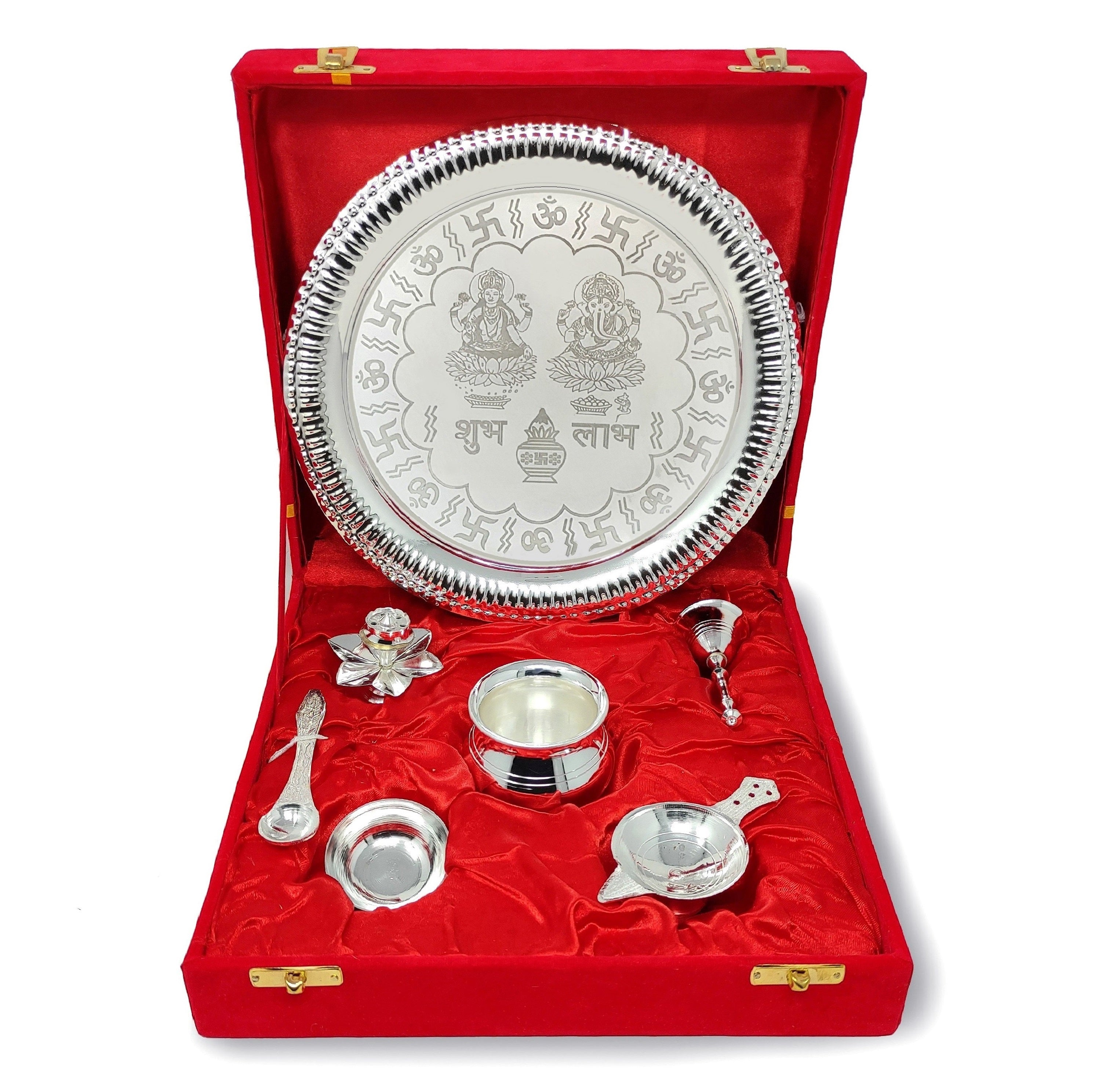 BENGALEN Pooja Thali Set Silver Plated with Gift Box Designed Puja Plate 22 CM Kalash Bowl Ghanti Spoon Dhup Dan Diya for Home Office Diwali Wedding Return Gift Items