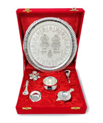 BENGALEN Pooja Thali Set Silver Plated with Gift Box Designed Puja Plate 22 CM Kalash Bowl Ghanti Spoon Dhup Dan Diya for Home Office Diwali Wedding Return Gift Items