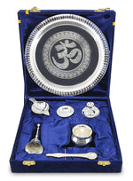 BENGALEN Pooja Thali Set Silver Plated with Blue Gift Box Om Designed 22 cm Puja Plate Kalash Bowl Ghanti Spoon Dhup Dan Diya for Home Office Diwali Wedding Return Gift Items