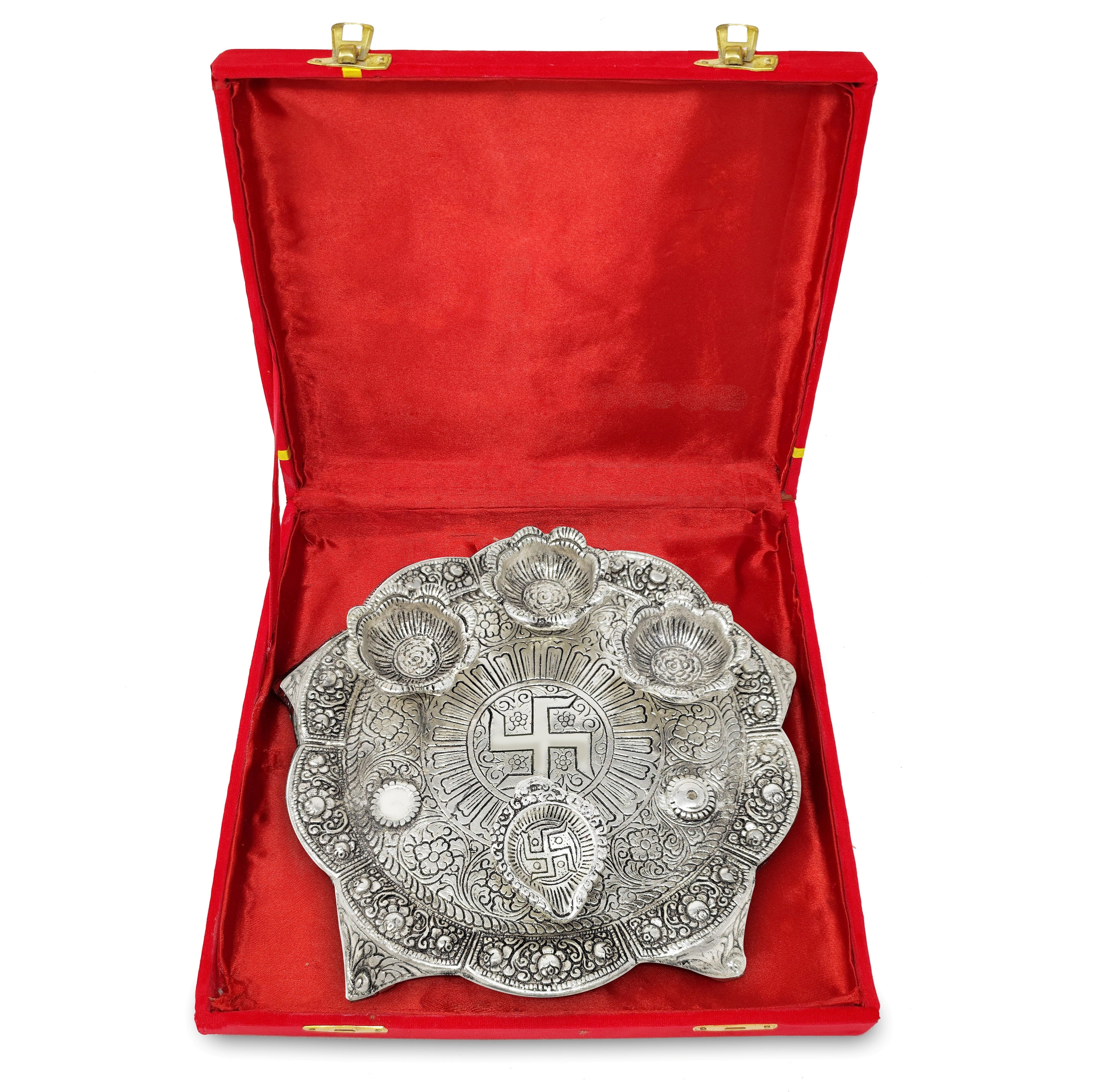 BENGALEN Pooja Set with Diya Silver Plated and Red Velvet Gift Box Puja Items Diwali Decoration Puja Gifts Handmade Oil Lamp Traditional Indian Deepawali Gift Items