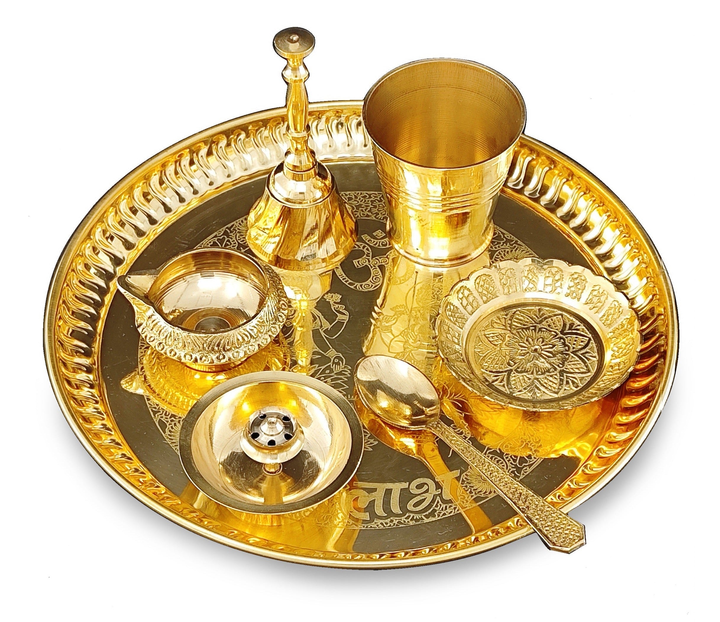 BENGALEN Brass Pooja Thali Set 8 Inch with Pital Puja Plate Glass Kangura Plate Spoon Dhup Dan Kuber Deep Ghanti Arti Thali for Diwali Home Office Mandir Wedding Return Gift Items