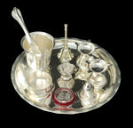 Silver Plated Pooja thali Set 8 Inch Plate Coin Glass Bowl Spoon Ghanti Diya Agarbatti Stand Puja Thali Decorative for Diwali Daily Home Mandir Office Wedding Return Gift Items
