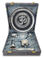 BENGALEN Pooja Thali Set Silver Plated with Grey Gift Box Om Designed 22 cm Puja Plate Kalash Bowl Ghanti Spoon Dhup Dan Diya for Home Office Diwali Wedding Return Gift Items