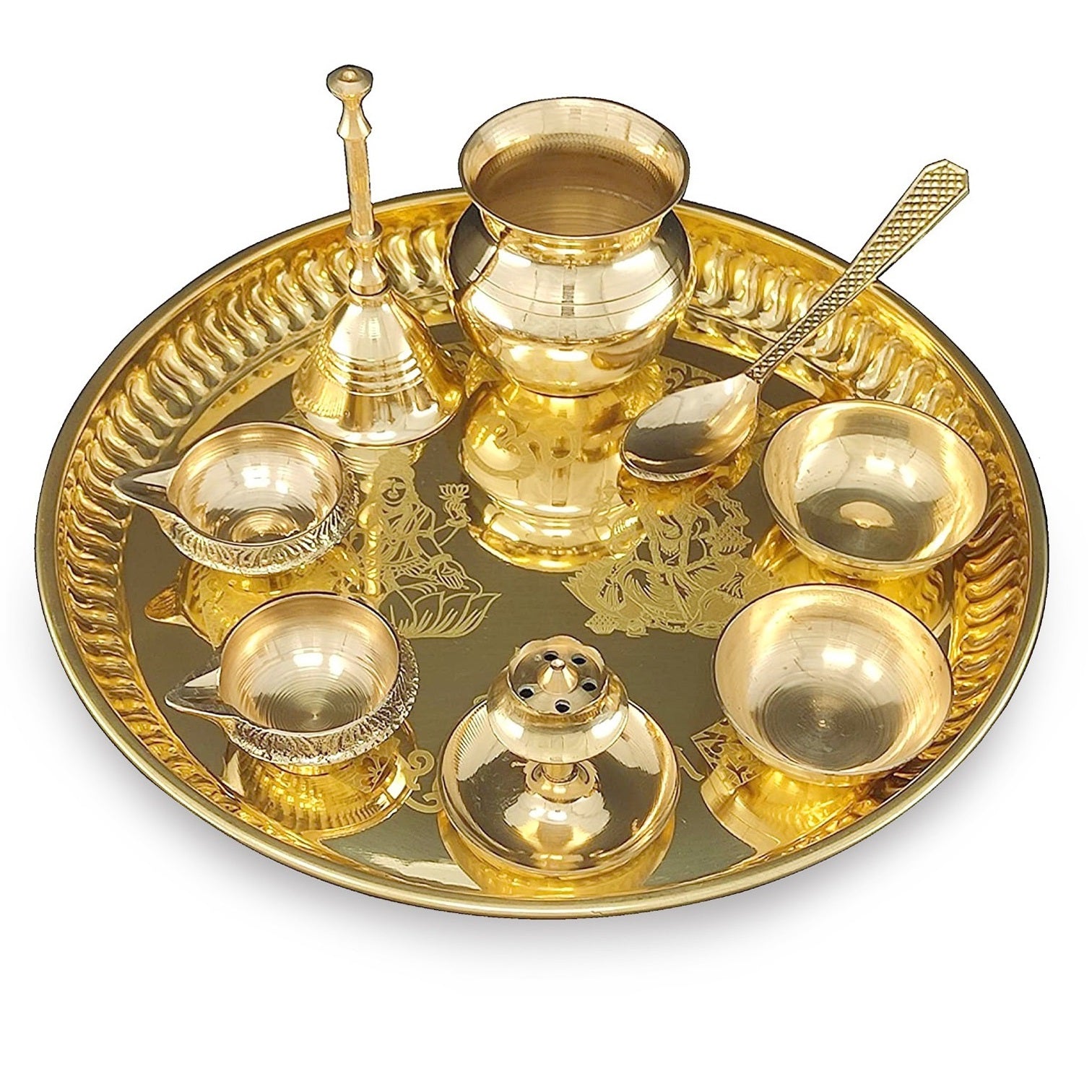 Bengalen Brass Pooja thali 8 Inch with Accessories Ganesh Lakshmi Design Puja Set Wedding Return Gift Items
