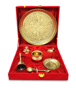 BENGALEN Brass Pooja Thali Set with Red Gift Box 8 Inch