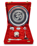 BENGALEN Pooja Thali Set Silver Plated with Red Gift Box Om Designed 22 cm Puja Plate Kalash Bowl Ghanti Spoon Dhup Dan Diya for Home Office Diwali Wedding Return Gift Items