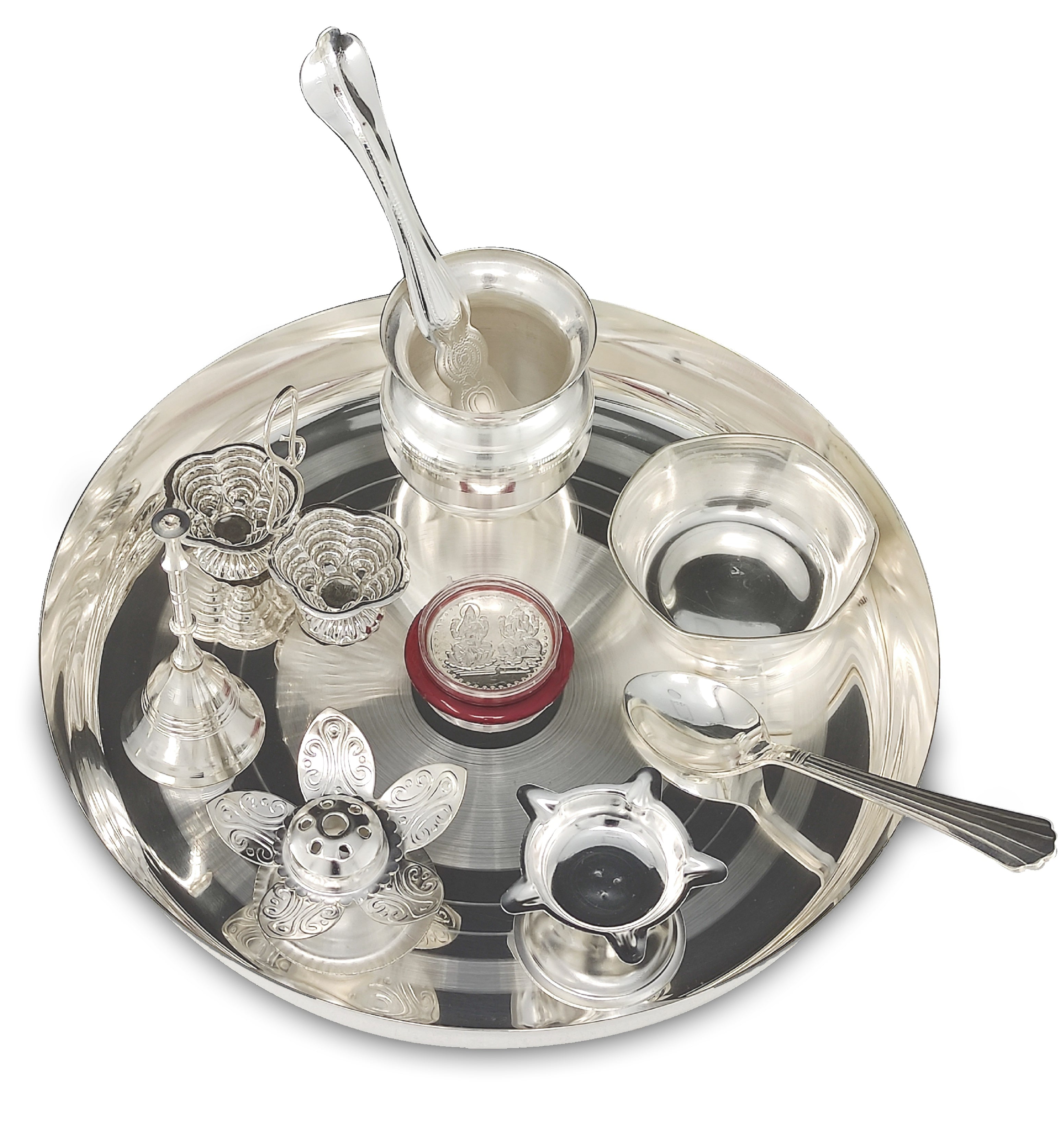 Bengalen Silver Plated Pooja thali Set 8 Inch with Plate Diya Kalash Bowl Ghanti Dhup Dan Palli Spoon Kumkum Stand Coin Puja Thali for Diwali Home Mandir Office Wedding Return Gift Items