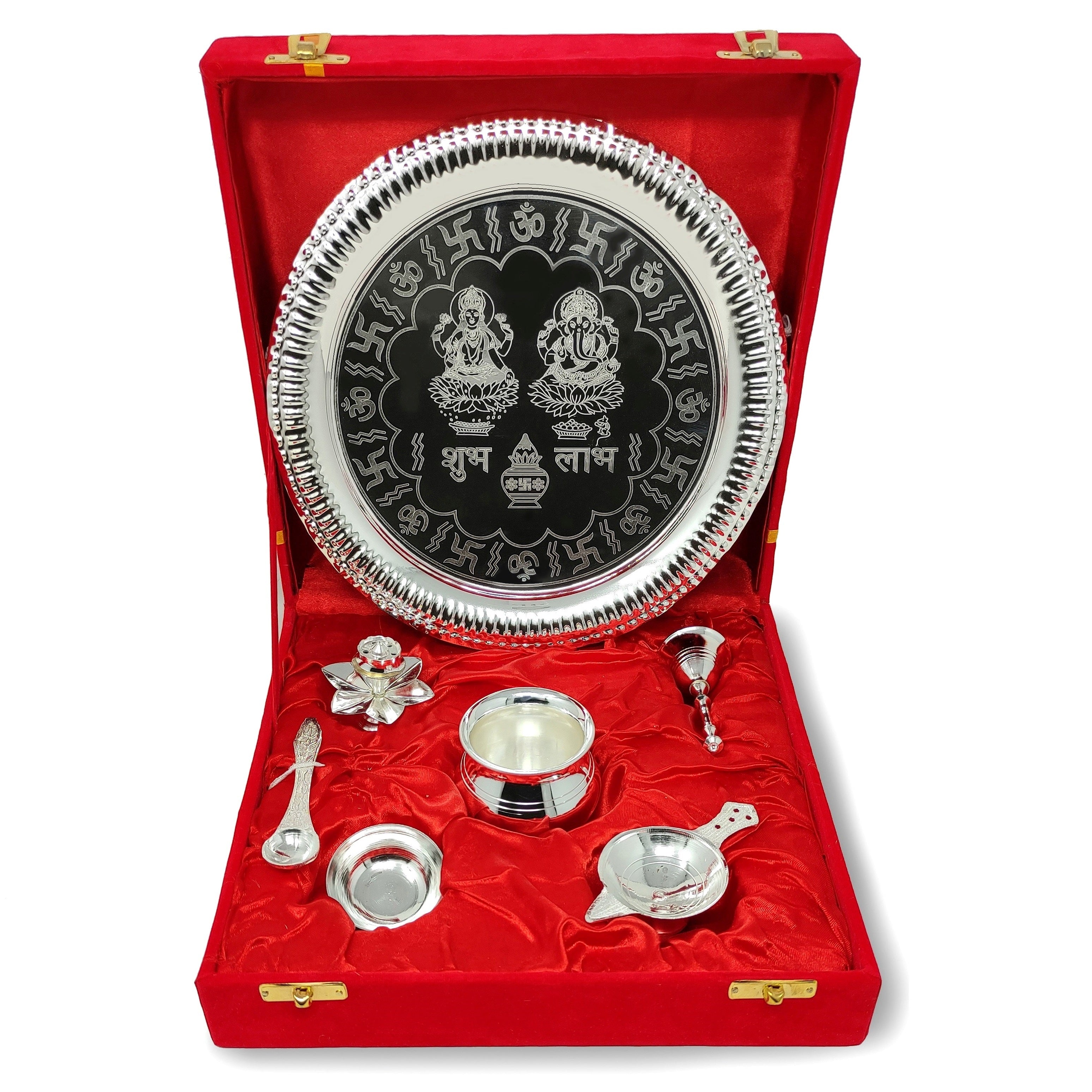 BENGALEN Pooja Thali Set Silver Plated with Gift Box Designed Puja Plate 22 CM Kalash Bowl Ghanti Spoon Dhup Dan Diya for Home Office Diwali Wedding Return Gift Items