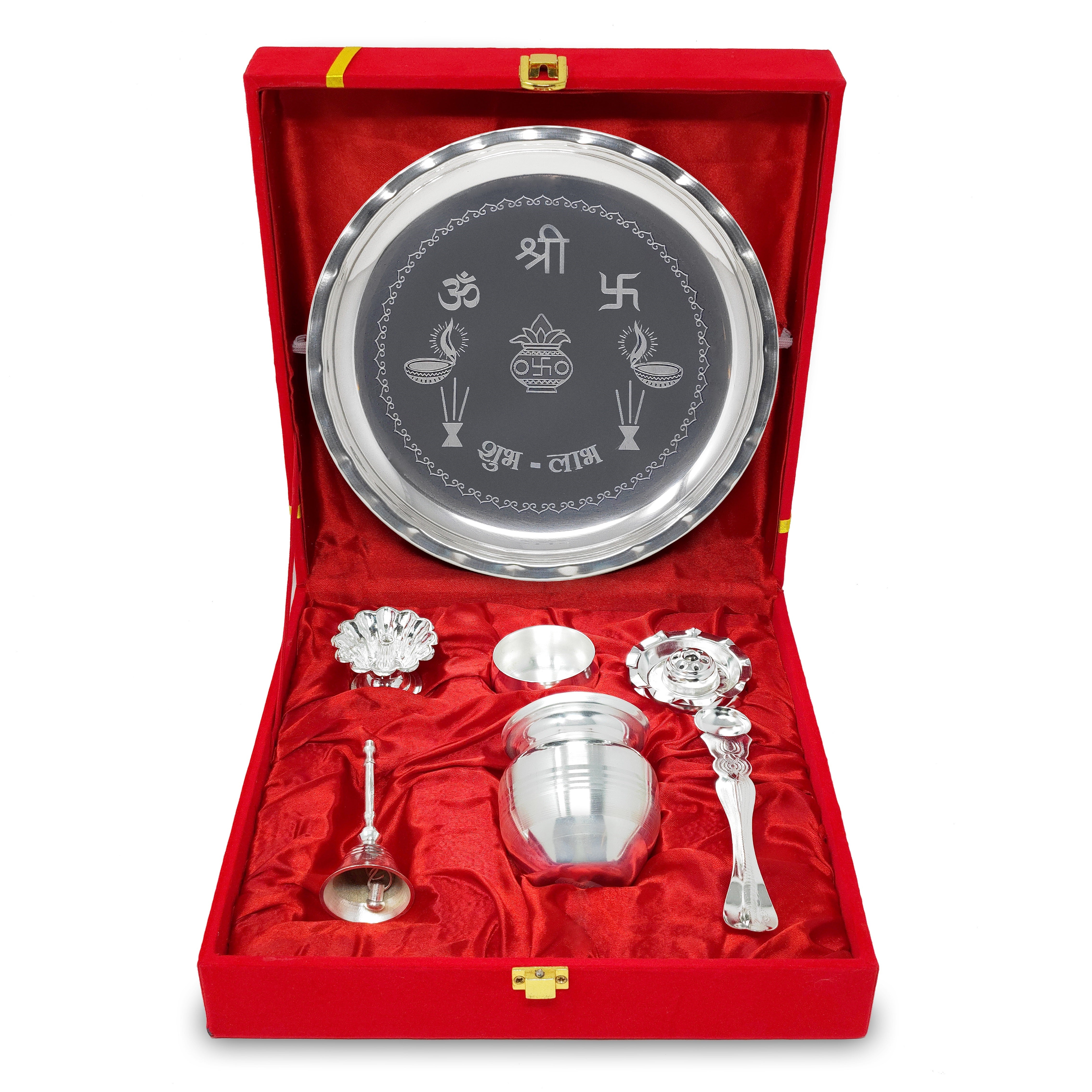 BENGALEN Pooja Thali Set with Velvet Gift Box 8 Inch Puja Plate Kalash Palli Diya Agarbatti Stand Bowl Kumkum Holder Ghanti Puja Items Diwali Wedding Gifts