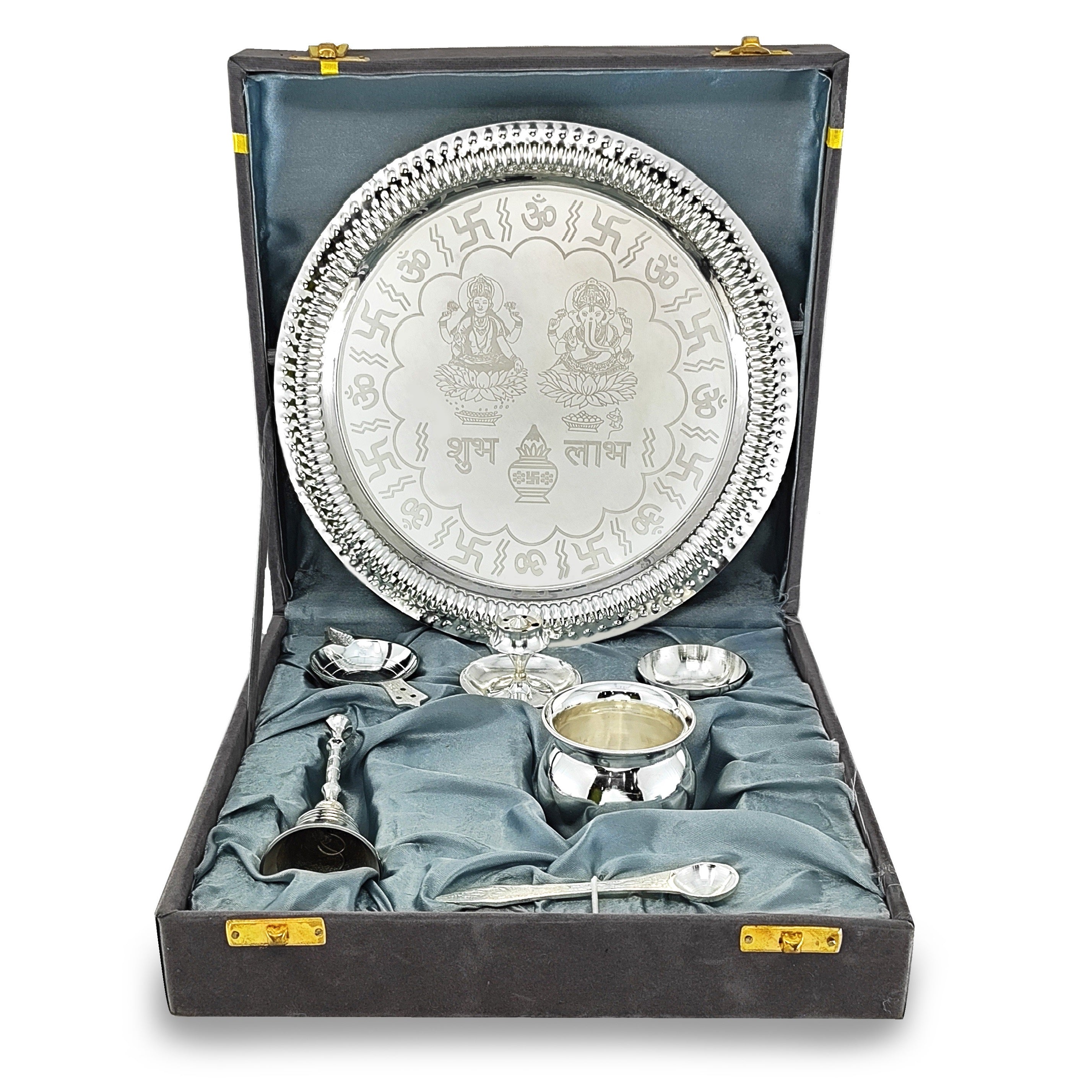 BENGALEN Pooja Thali Set Silver Plated with Gift Box Designed Puja Plate 22 CM Kalash Bowl Ghanti Spoon Dhup Dan Diya for Home Office Diwali Wedding Return Gift Items