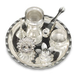 Silver Plated Pooja thali Set 8 Inch with Plate Ghanti Bowl Spoon Dhup Dan Diya Kumkum Holder Coin Puja Thali for Home Mandir Office Wedding Return Diwali Gift Items