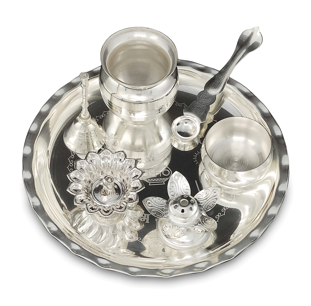 Silver Plated Pooja thali Set 8 Inch with Plate Ghanti Bowl Spoon Dhup Dan Diya Kumkum Holder Coin Puja Thali for Home Mandir Office Wedding Return Diwali Gift Items