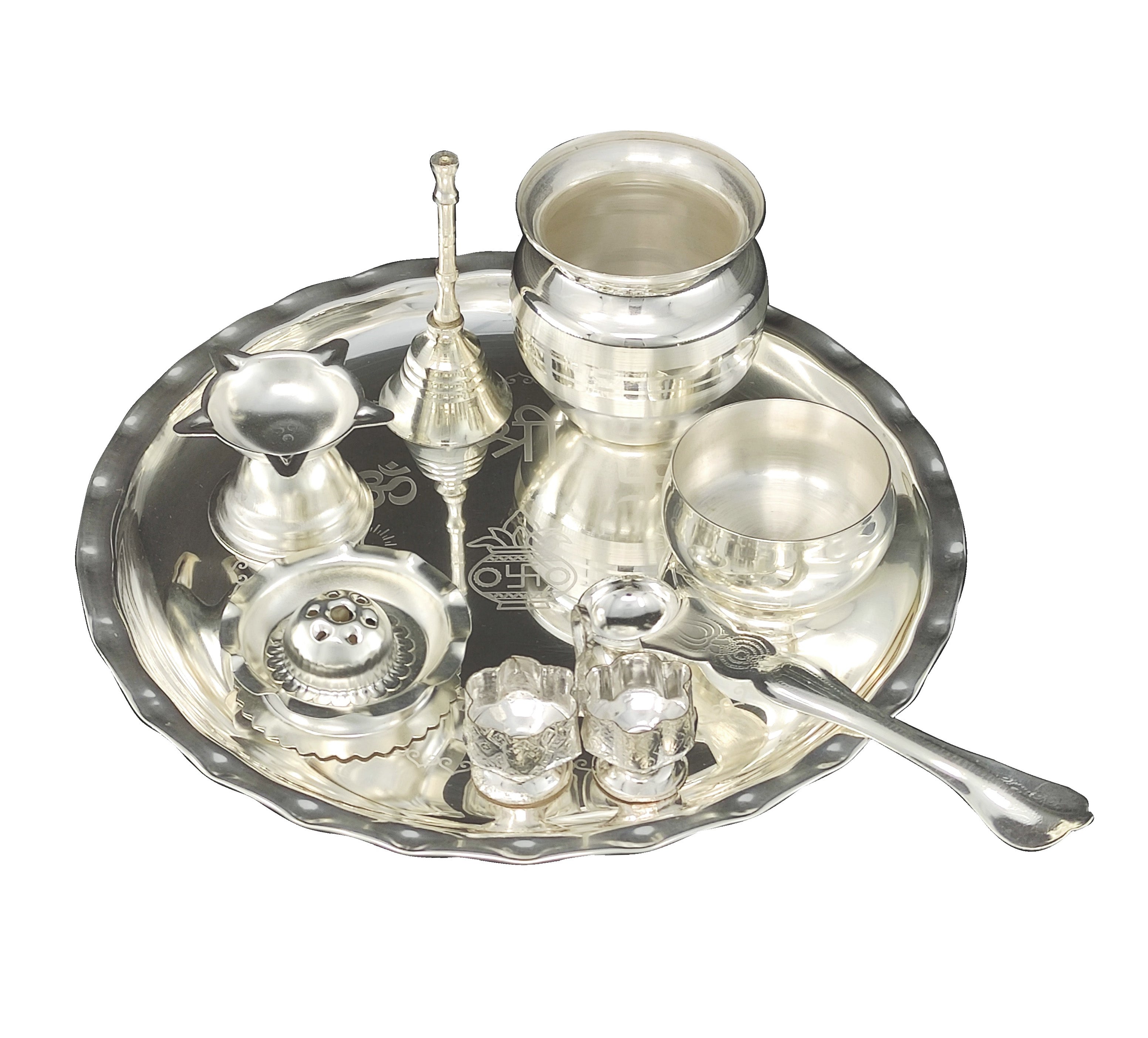 Bengalen Silver Plated Pooja thali Set 8 Inch with Plate Ghanti Bowl Kalash Palli Agarbatti Stand Diya Kumkum Holder Puja Thali for Home Mandir Office Diwali Wedding Return Gift Items