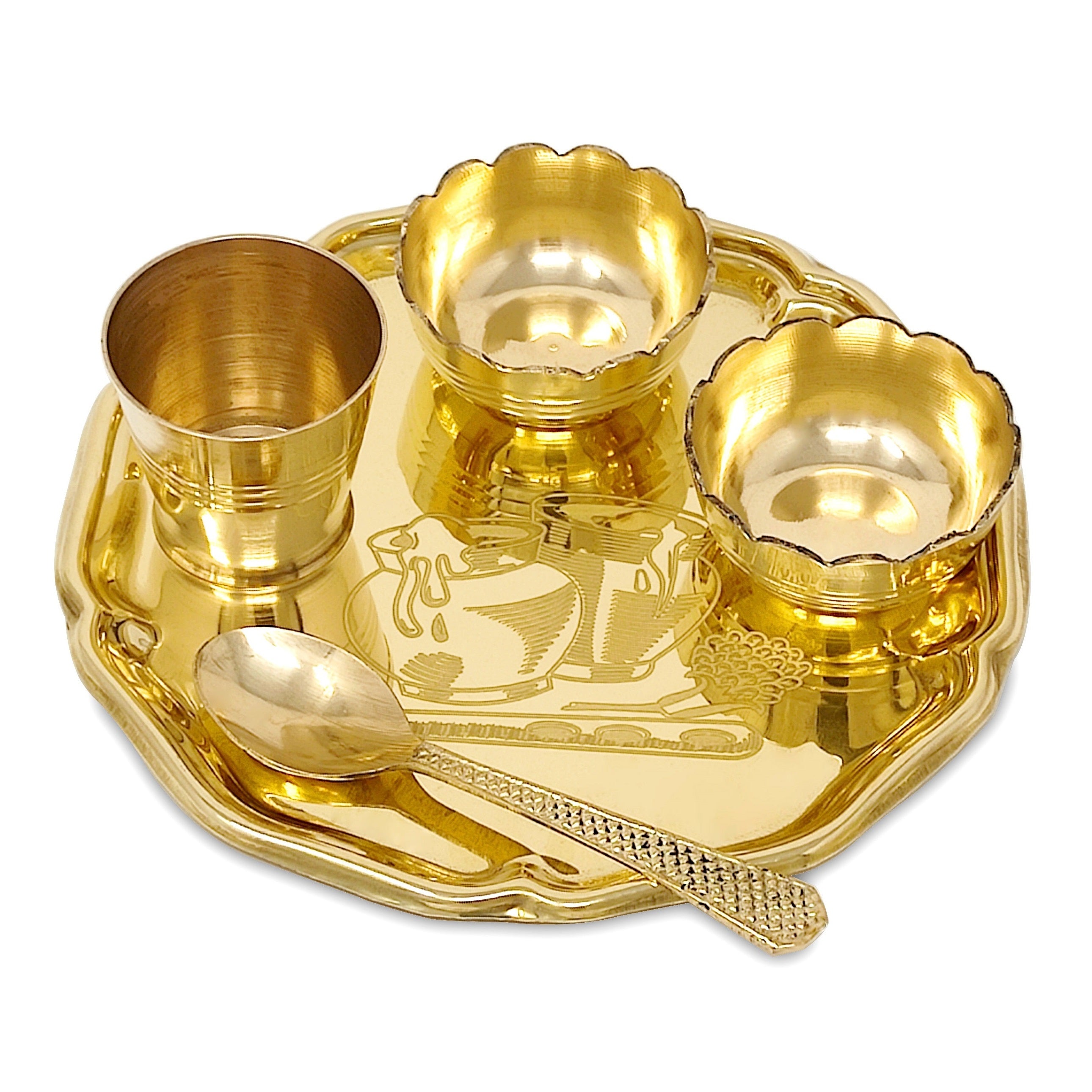 BENGALEN Pooja thali Set Brass Small 6 Inch Laddu Gopal Bhog Thali for Janmashtami Decoration Puja Item Festival Puja Krishna Bhog Thali Set for Home Office Mandir Return Gift Items