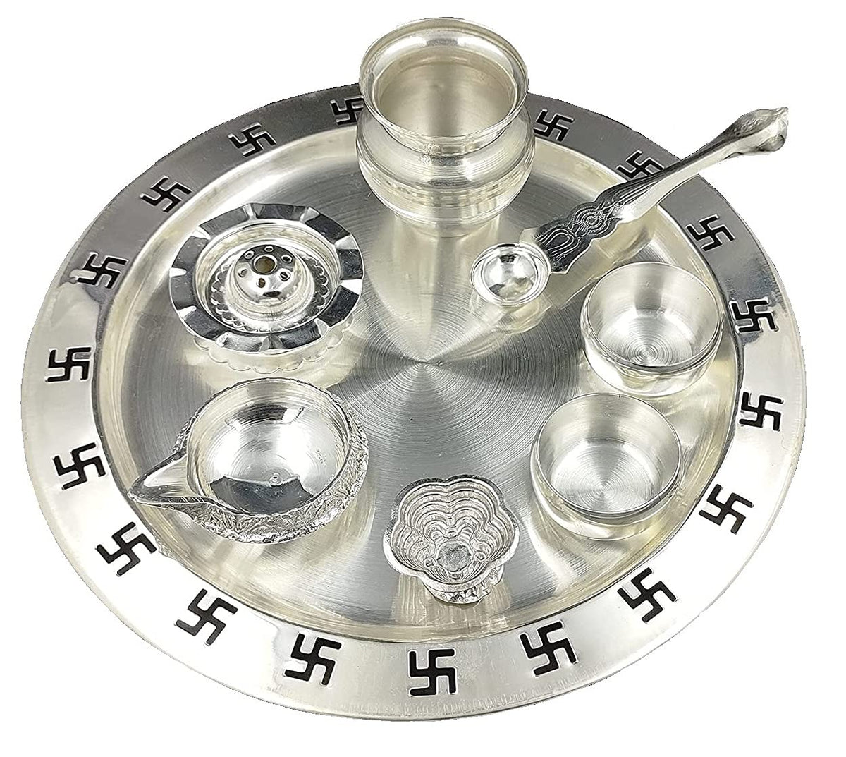 Silver Plated Swastik Design Puja Thali Set Festival Ethnic Pooja Items for Home Temple Office Wedding Return Gift Items
