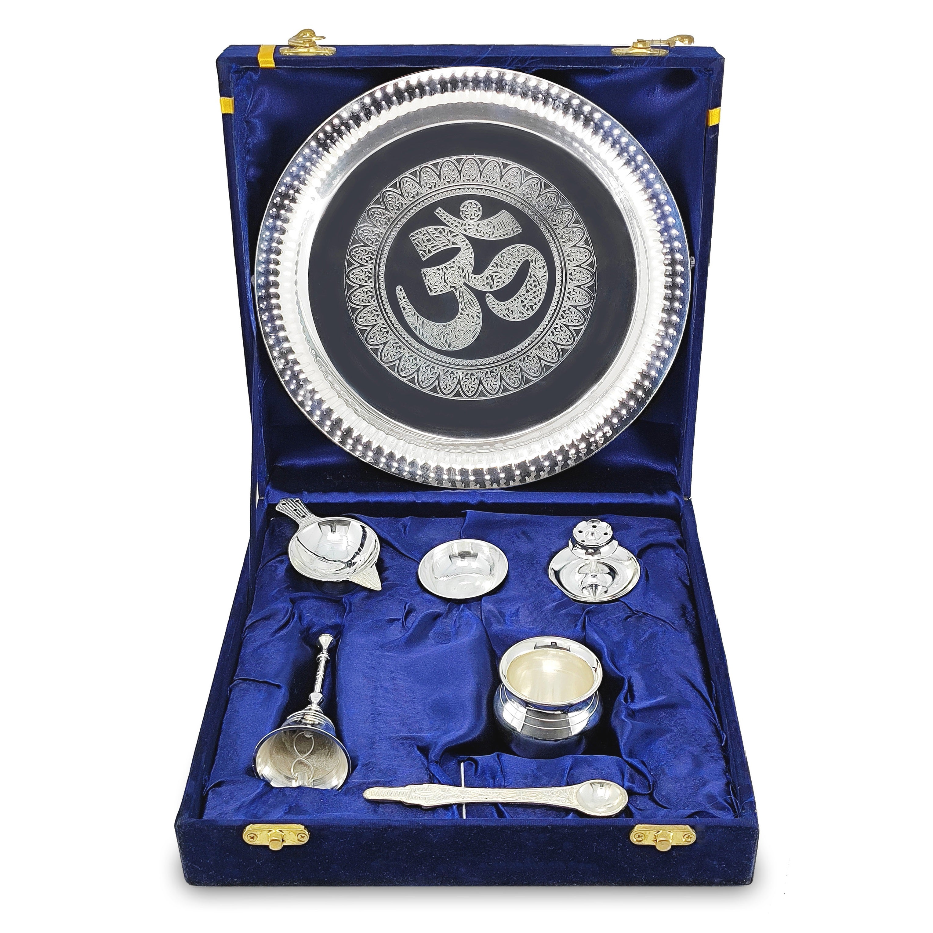 BENGALEN Pooja Thali Set Silver Plated with Blue Gift Box Om Designed 22 cm Puja Plate Kalash Bowl Ghanti Spoon Dhup Dan Diya for Home Office Diwali Wedding Return Gift Items