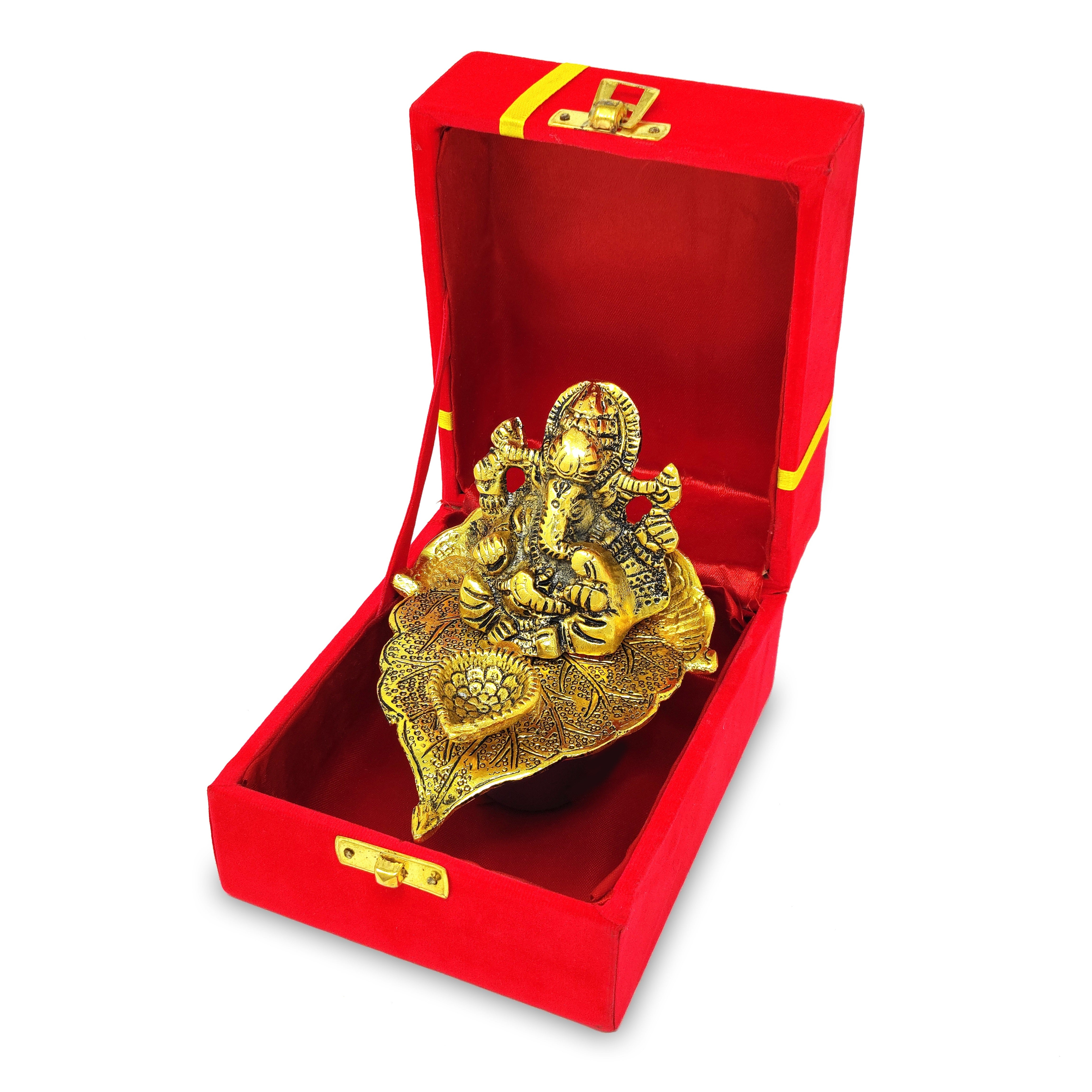 BENGALEN Diya Ganesha on Leaf Oil Lamp Statue Idol Gold with Red Velvet Gift Box Pooja Items Diwali Decoration Puja Gifts Items