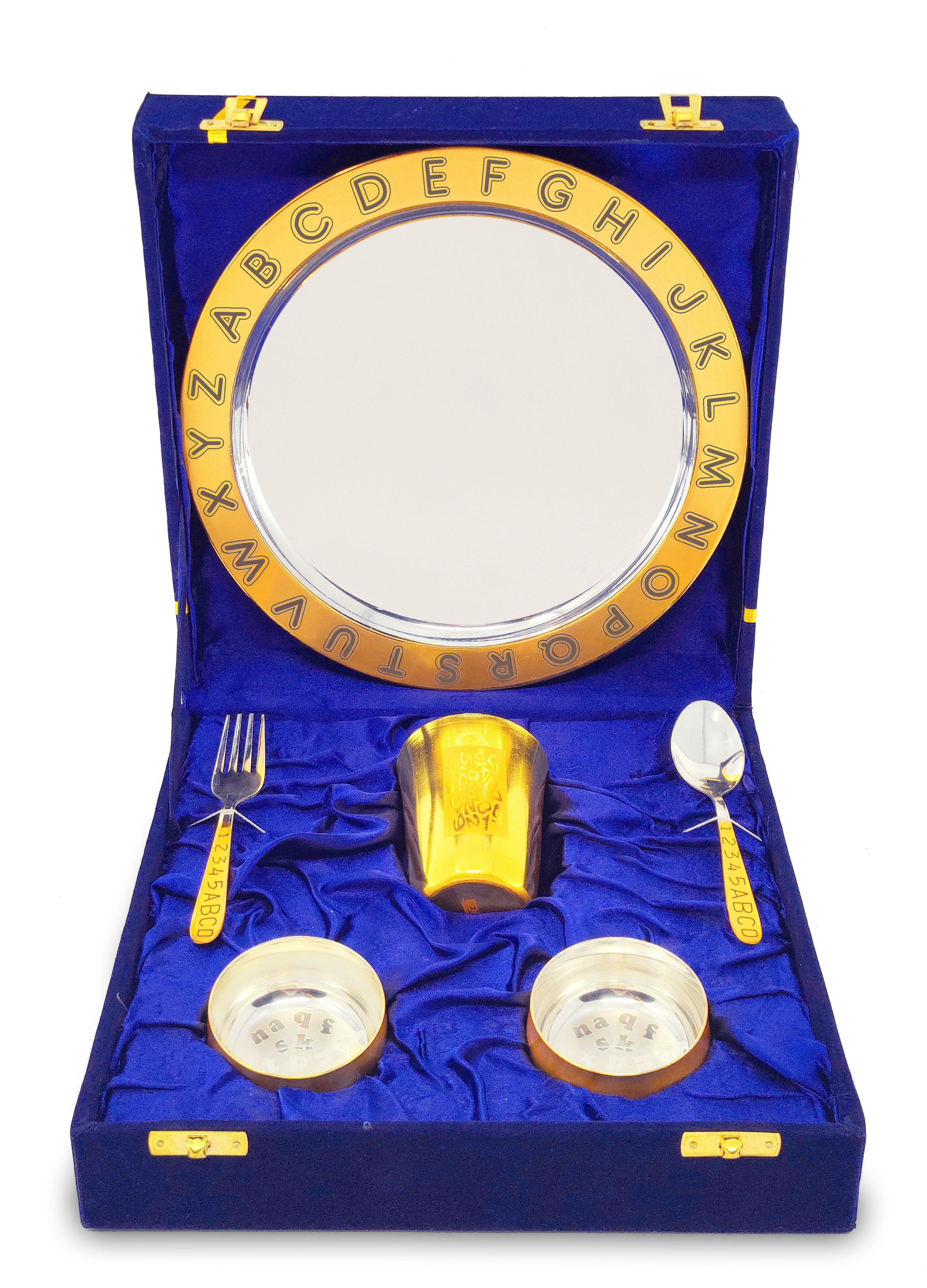 Bengalen Gold & Silver Plated Baby Dinner Set With Blue Velvet Box for Gift Rice Ceremony Annaprashan Sanskar for Boys Girls Kids Birthday Return Festive Gift Items