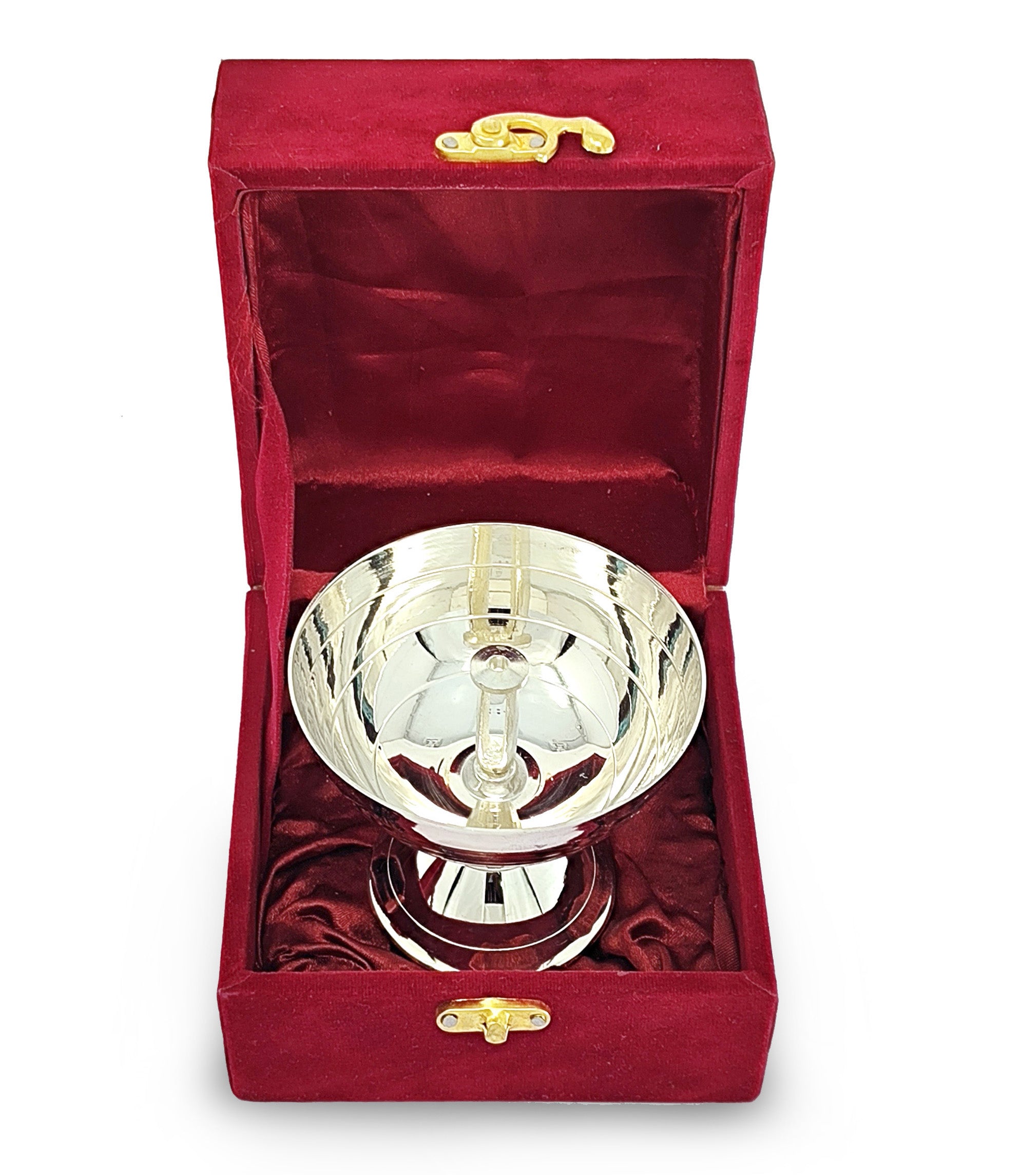 BENGALEN Silver Plated Piyali Diya Small with Red Velvet Gift Box Traditional Oil Lamp Deepak Lamp Panchmahal Deepam for Pooja Mandir Diwali Indian Puja Items Wedding Return Gifts