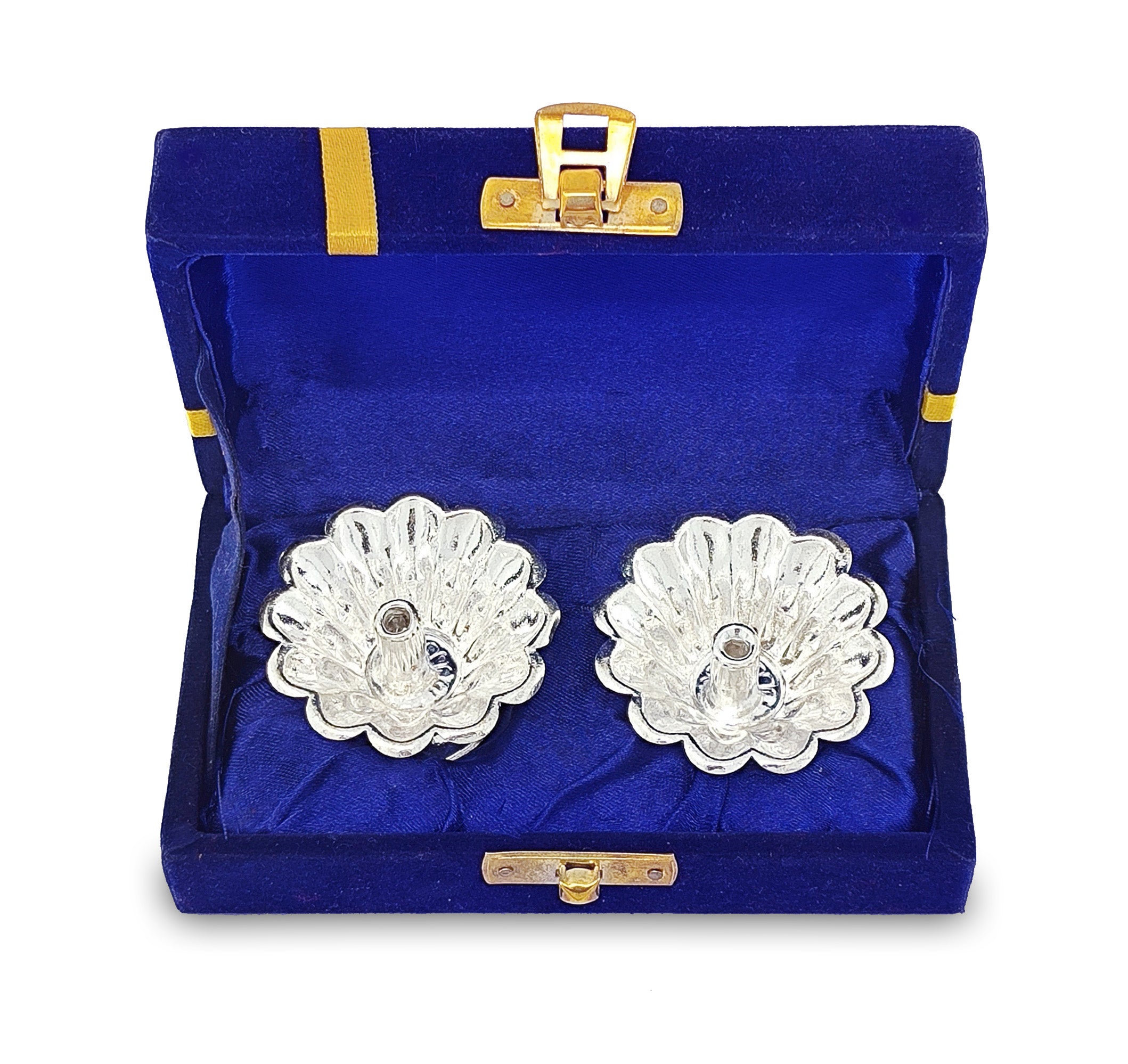 BENGALEN Silver Plated Diya with Blue Velvet Gift Box Dia Pooja Items Diwali Decoration Puja Gifts Handmade Oil Lamp Traditional Indian Deepawali Gift Items