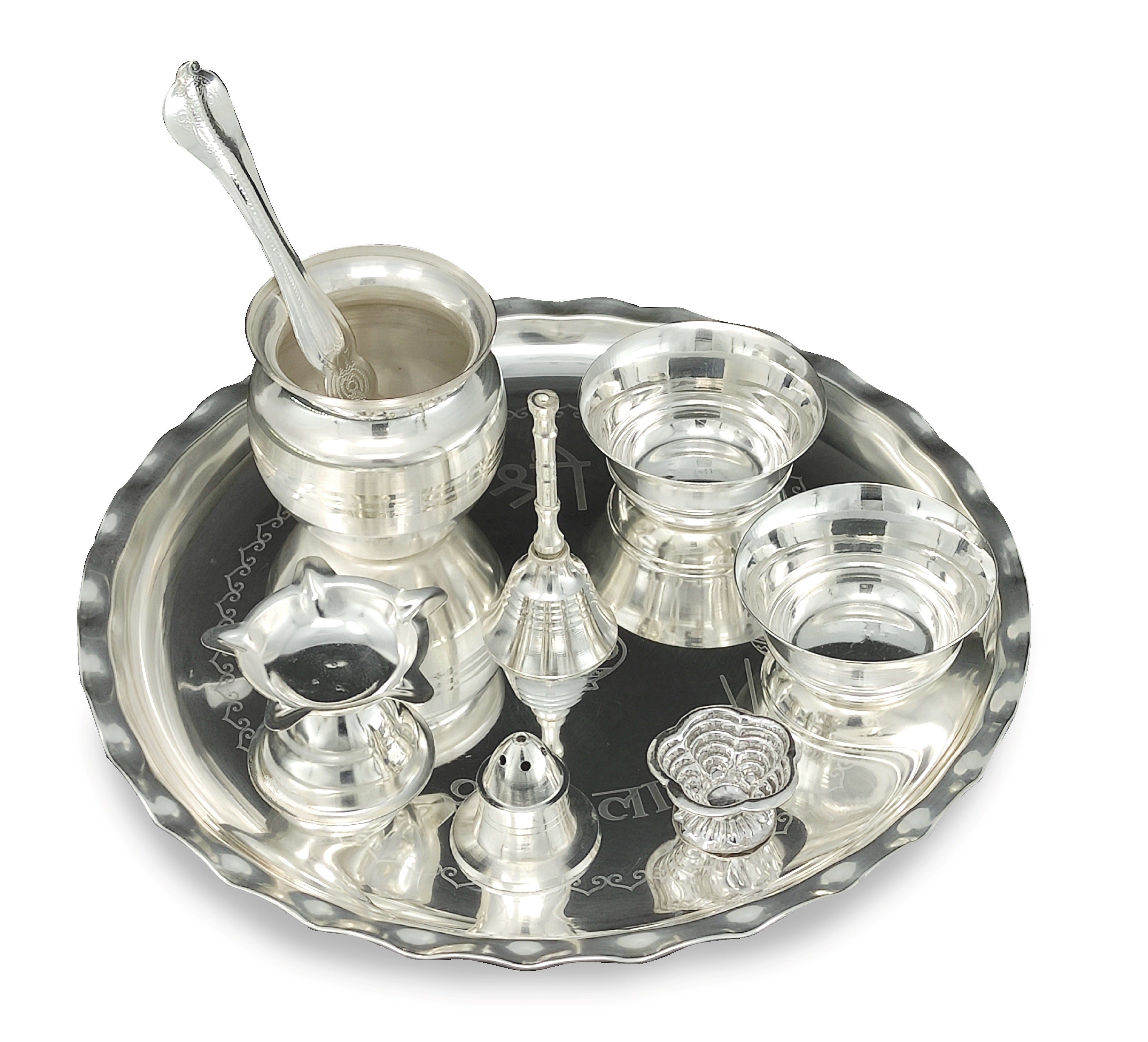 BENGALEN Silver Plated Pooja thali Set 9.5 Inch with Plate Bowls Ghanti Kalash Palli Diya Dhup Dan Puja Thali for Home Mandir Office Diwali Wedding Return Gift Items