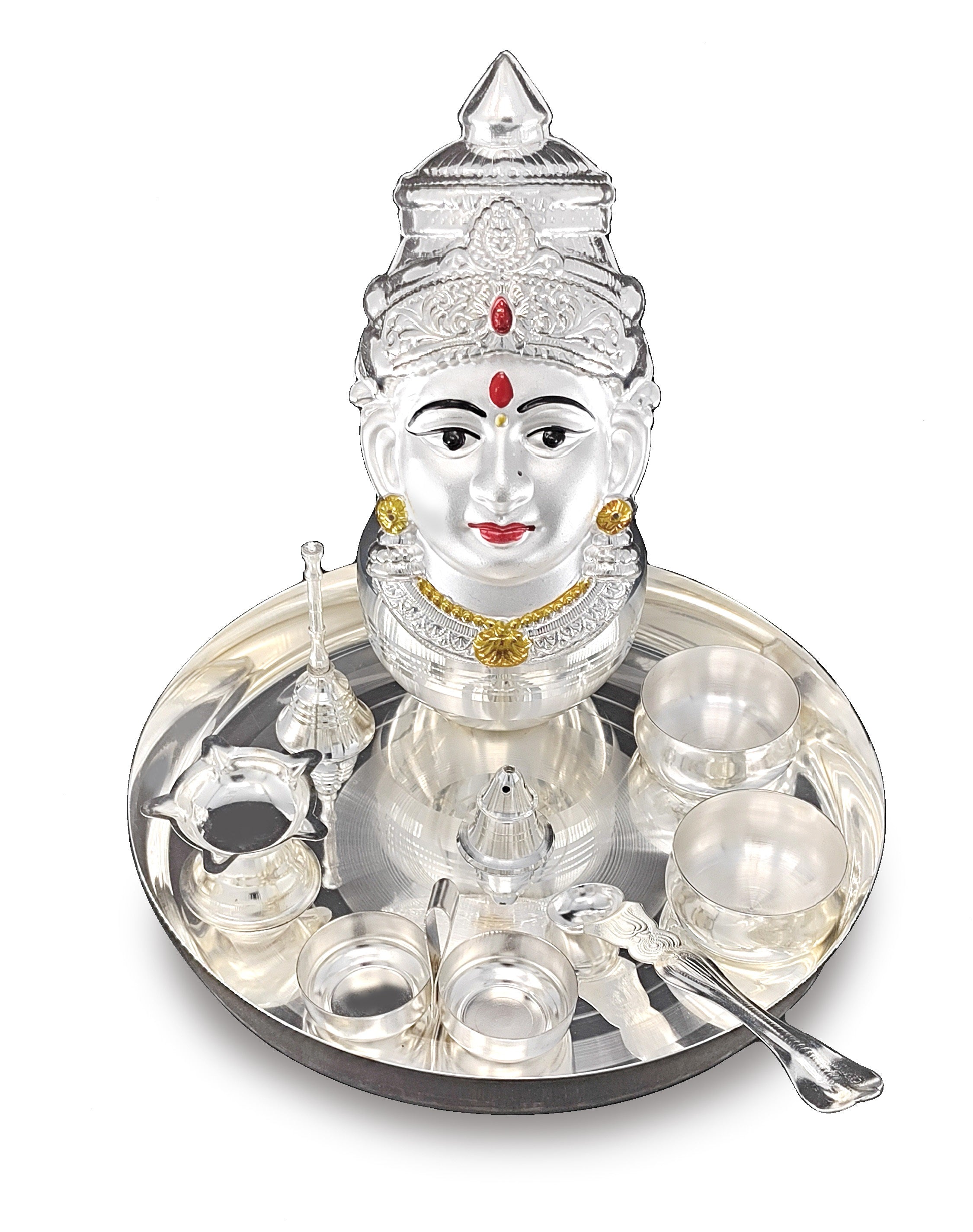 BENGALEN Silver Plated Pooja thali Set with Varalakshmi Devi Mukhota Idol Statue