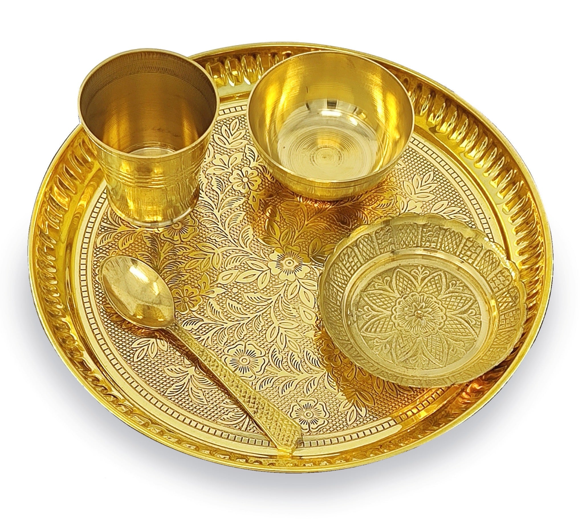 BENGALEN Brass Pooja Bhog Thali Set 8 Inch Puja Thali with Pital Plate and Accessories Arti Thali for Diwali Home Office Mandir Wedding Return Gift Items