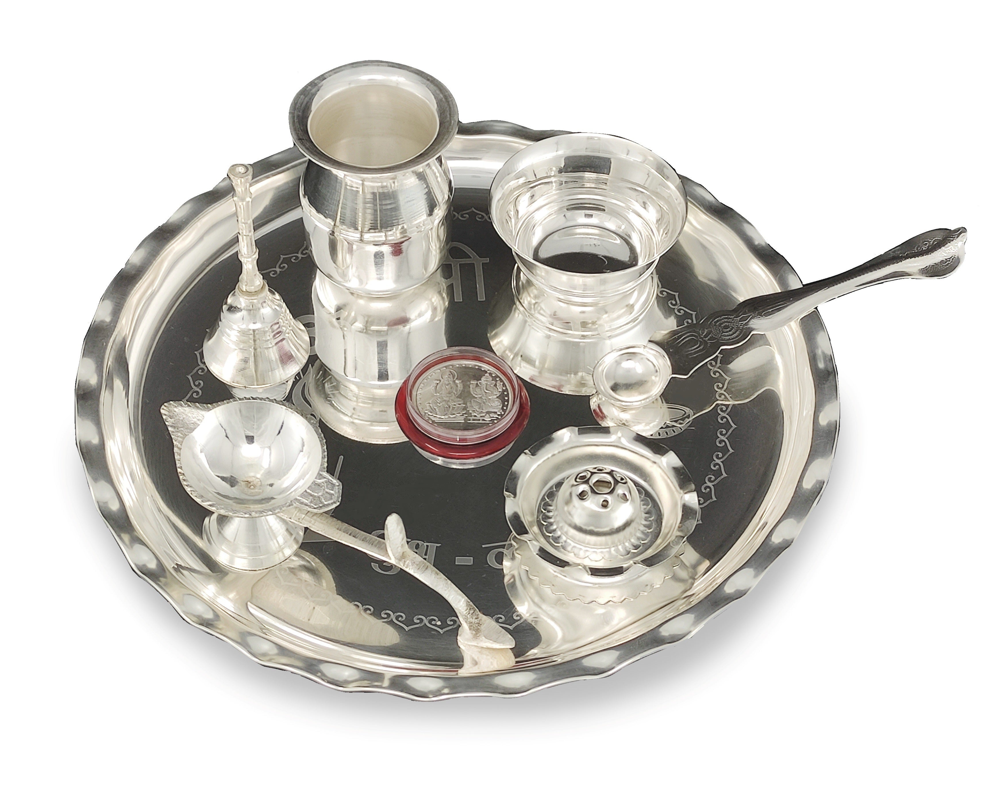 BENGALEN Silver Plated Pooja Thali Set 9.5 Inch Plate with Bowl Lotti Ghanti Palli Coin Diya Dhup Dan for Puja Diwali Home Decor Temple Office Wedding Return Gift Items