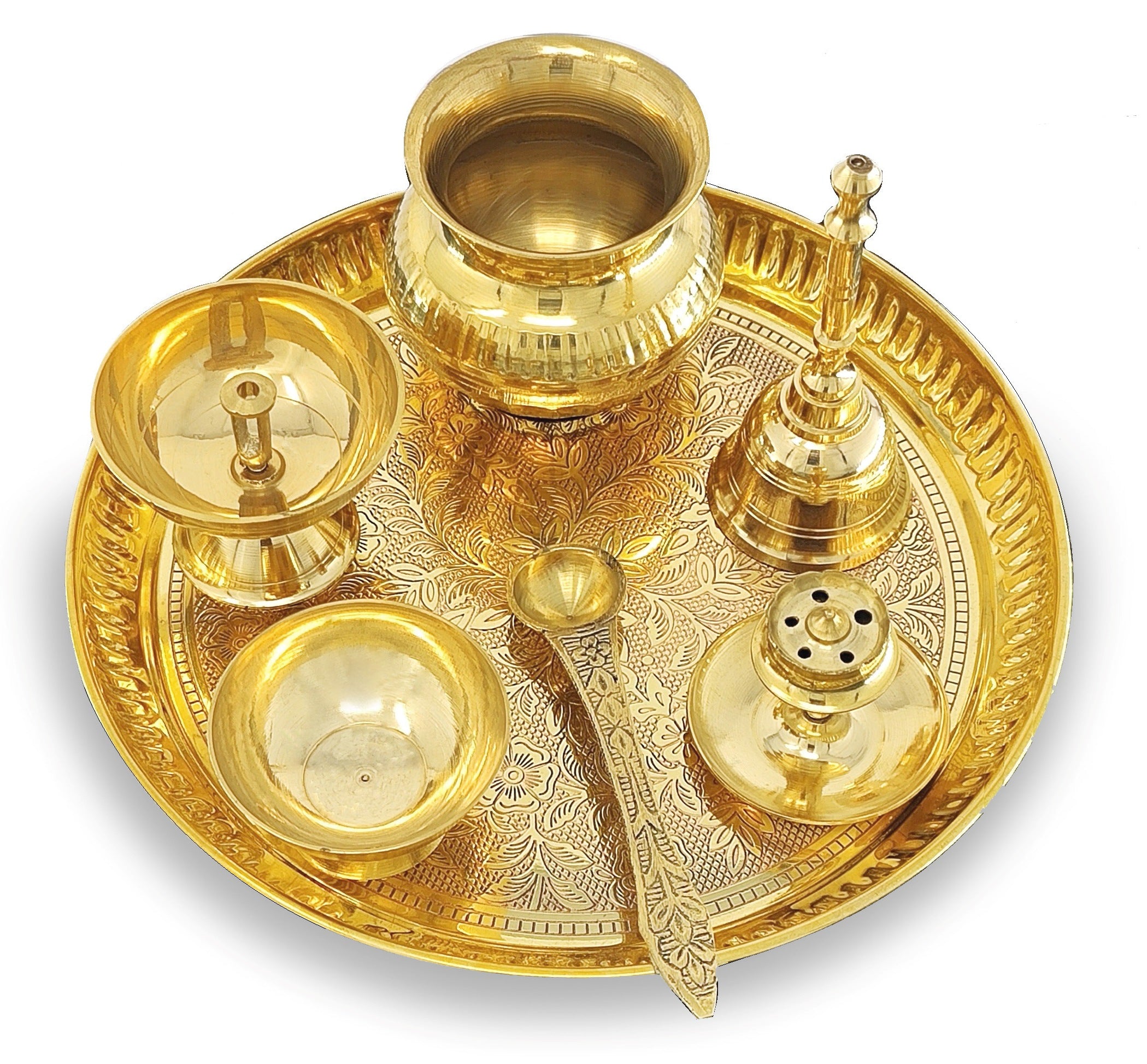 BENGALEN Brass Puja Thali Set 8 Inch Pooja Thali with Pital Plate Kalash Chandan Vati Piyali Deep Dhup Dan Ghanti Palli Diya Arti Thali for Diwali Home Office Mandir Wedding Return Gift Items